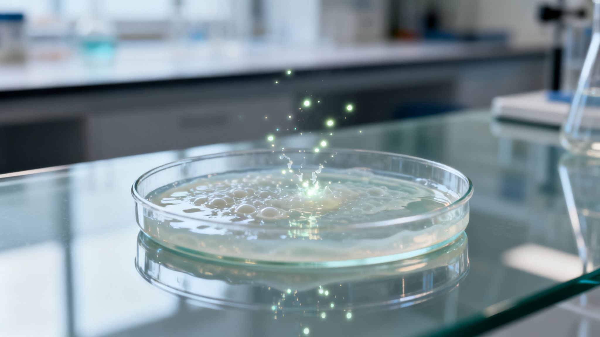 A petri dish on a laboratory glass table, showing a glowing chemical reaction with bubbles.
