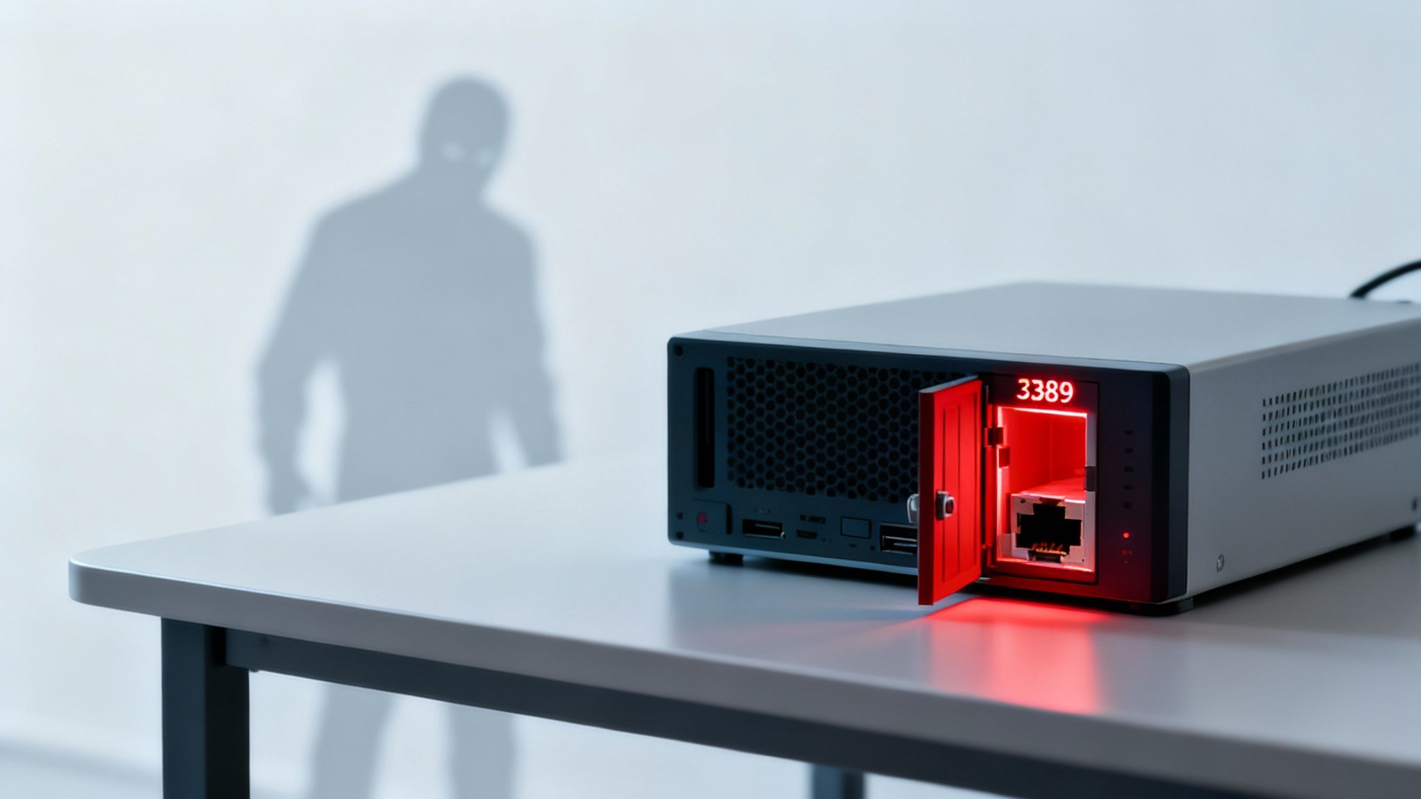 Servidor con puerto 3389 abierto y sombra de hacker, representando una amenaza de seguridad.