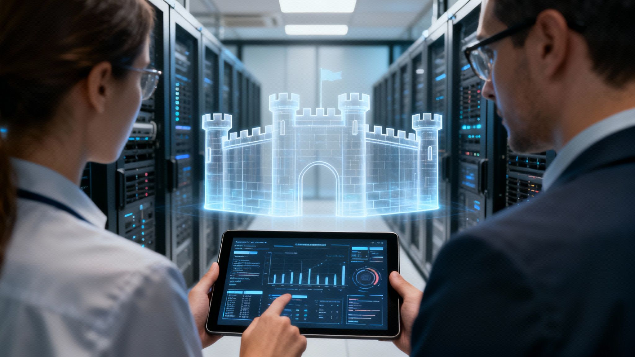 Dos profesionales de TI en un centro de datos analizan la ciberseguridad con una tableta y un holograma de fortaleza.