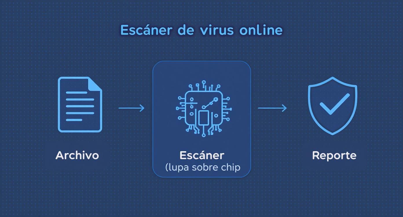 Diagrama de flujo que muestra el proceso de un escáner de virus online, desde la subida del archivo hasta la recepción del informe de seguridad.