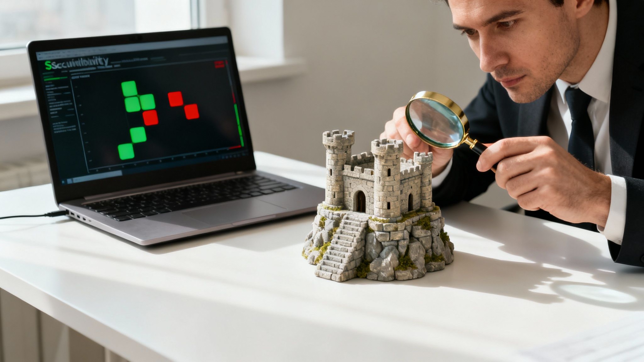 Hombre de negocios examina una fortaleza en miniatura con lupa, con un portátil mostrando datos de seguridad.
