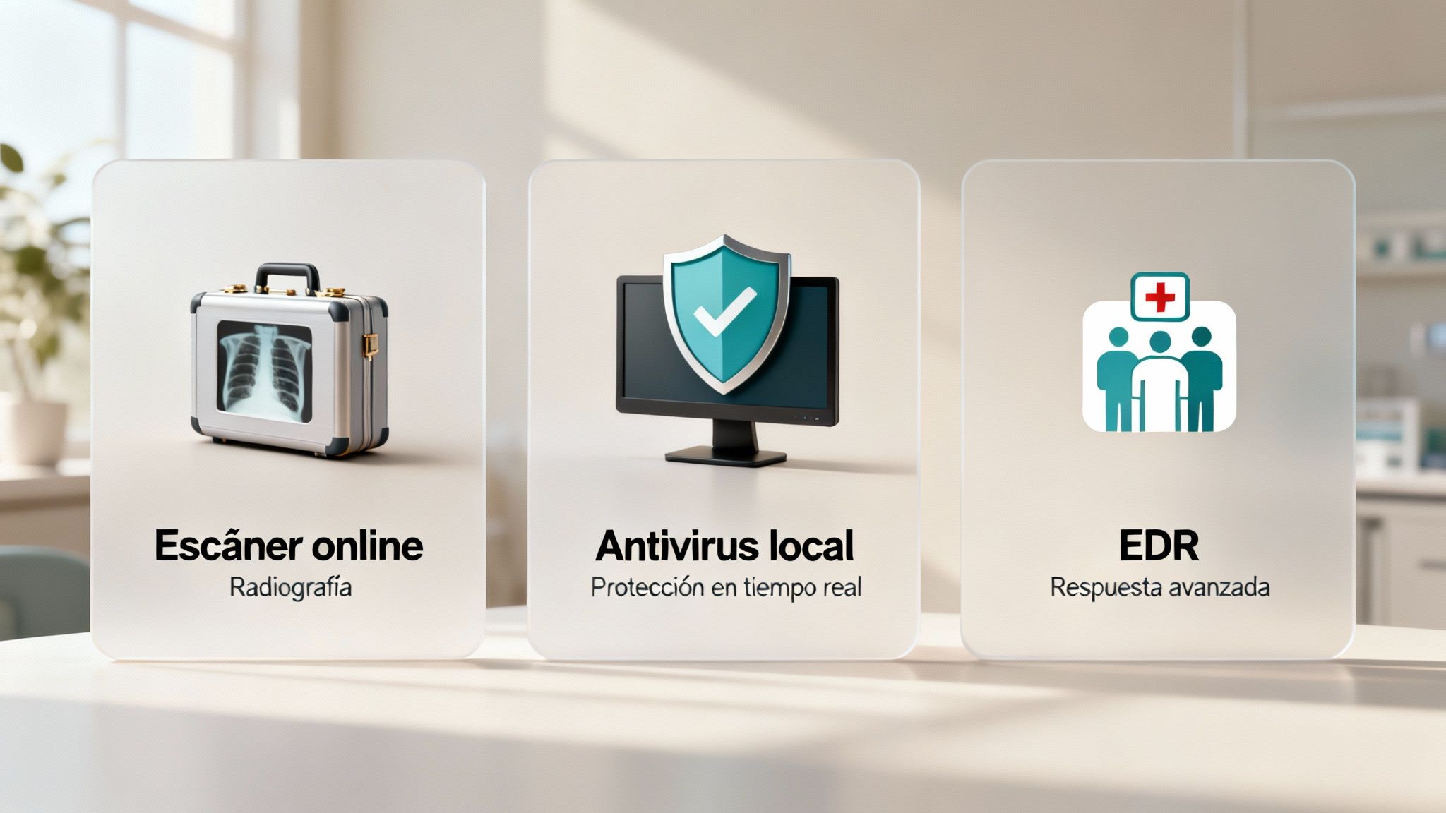 Representación visual de servicios de seguridad digital y respuesta médica: escáner online, antivirus local y EDR.