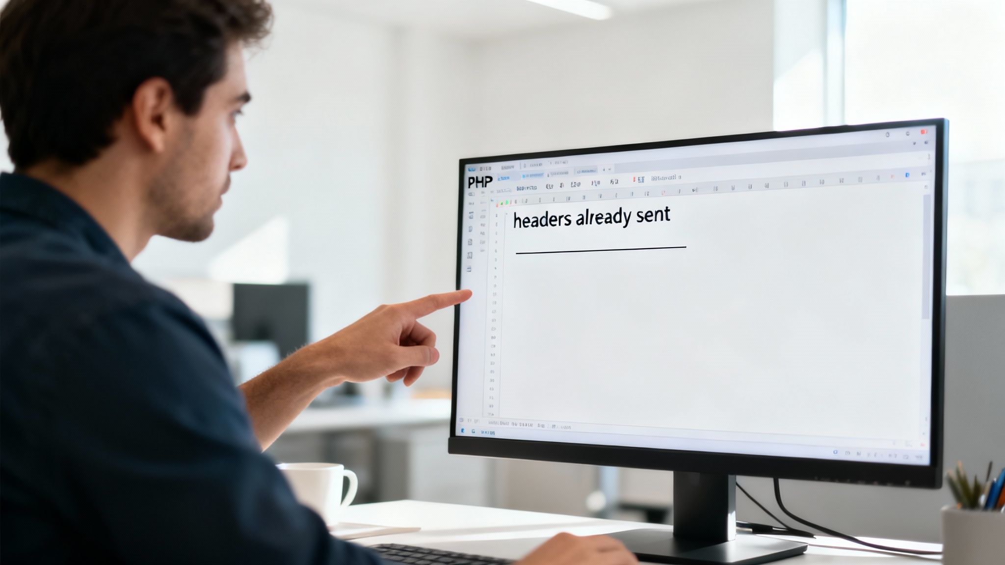 Ilustración de un desarrollador solucionando errores en código PHP