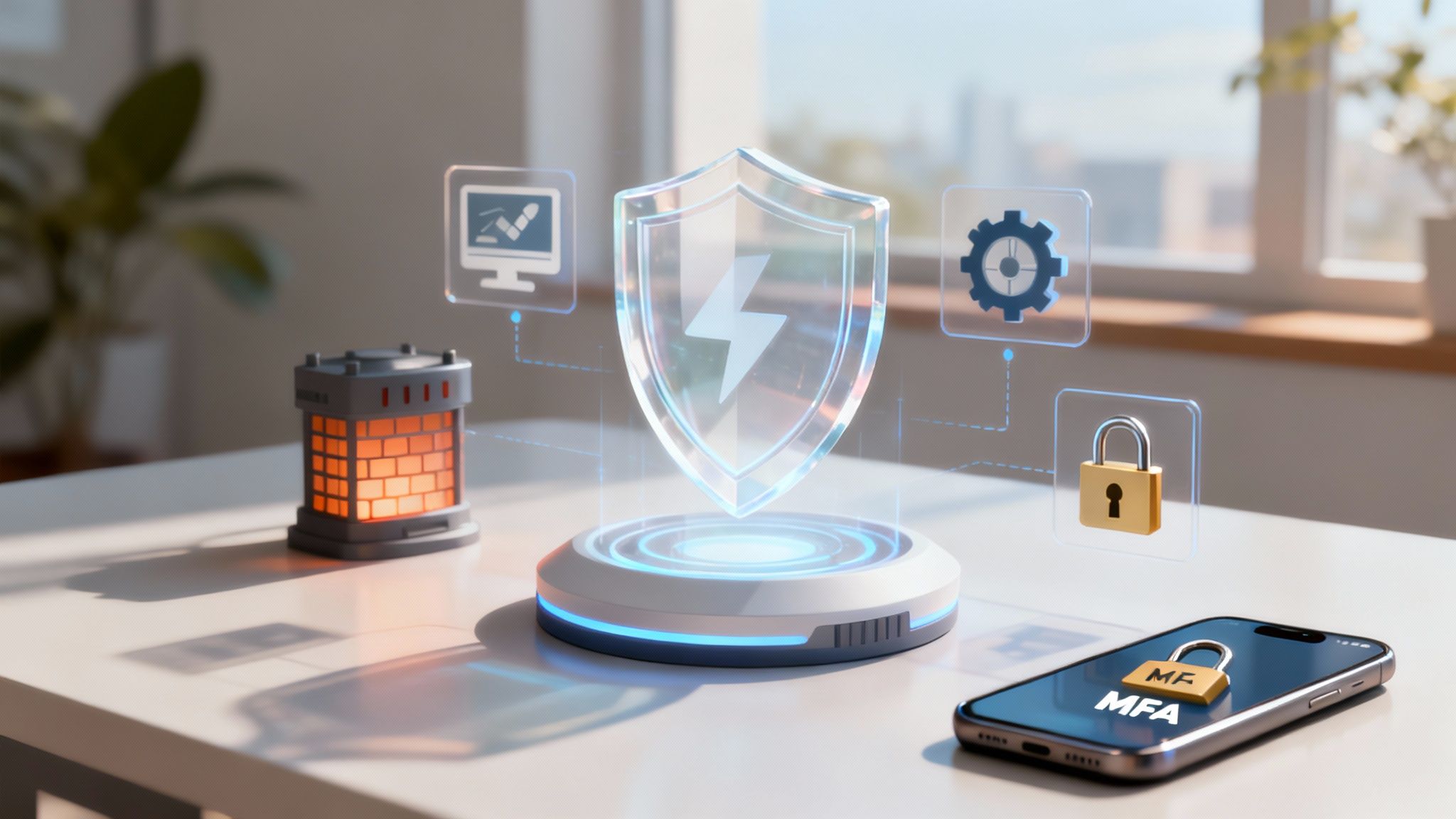 Un escudo digital protegiendo datos y sistemas, simbolizando la prevención activa de ciberataques.