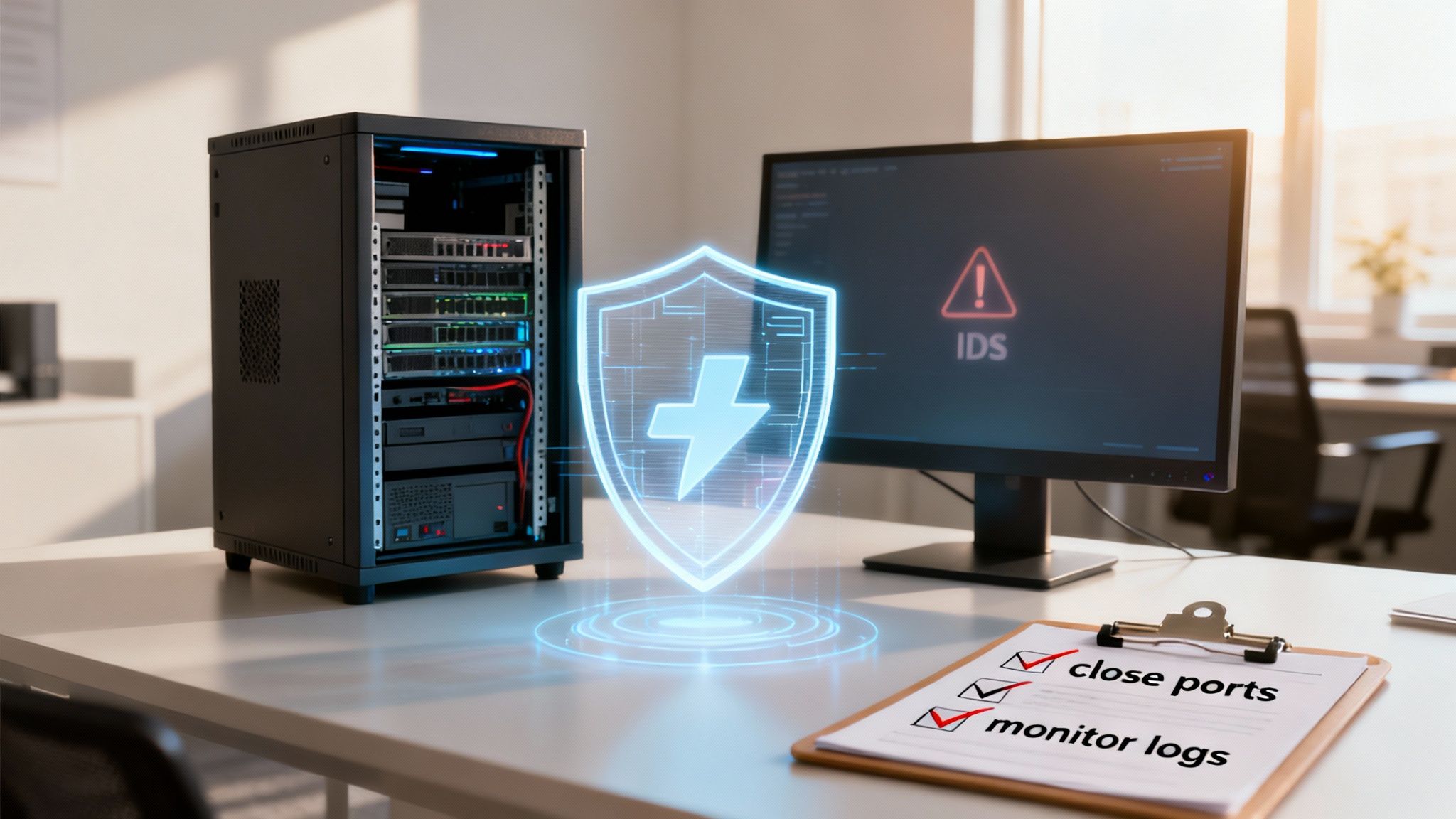 Oficina con servidor, monitor de seguridad IDS, escudo digital y checklist de ciberseguridad.