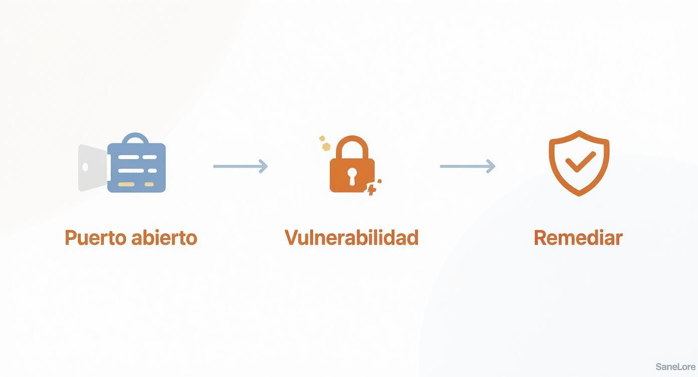 Diagrama de flujo de seguridad mostrando puerto abierto, vulnerabilidad detectada y proceso de remediación