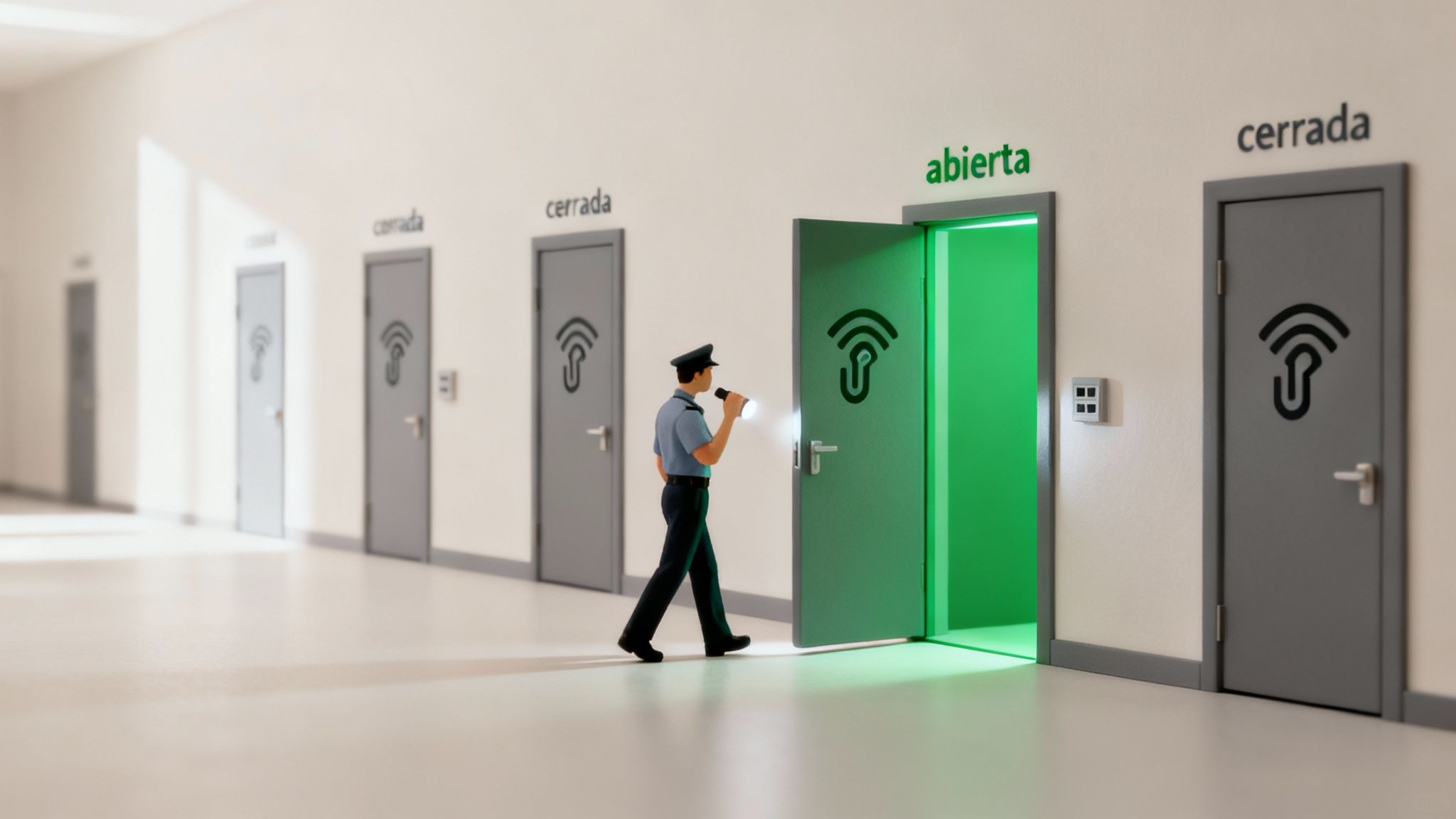 Guardia de seguridad caminando por pasillo con puertas, una abierta iluminada en verde y otras cerradas