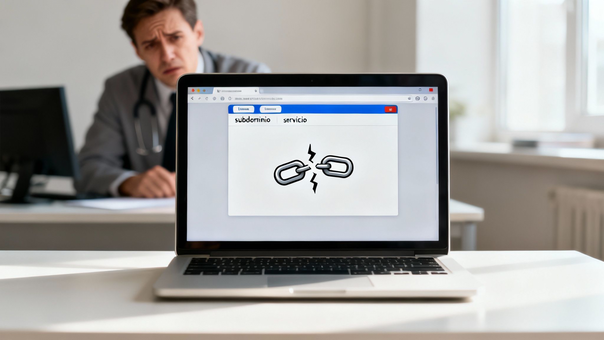 Hombre preocupado mirando una laptop con un enlace roto en la pantalla, indicando un error de conexión.
