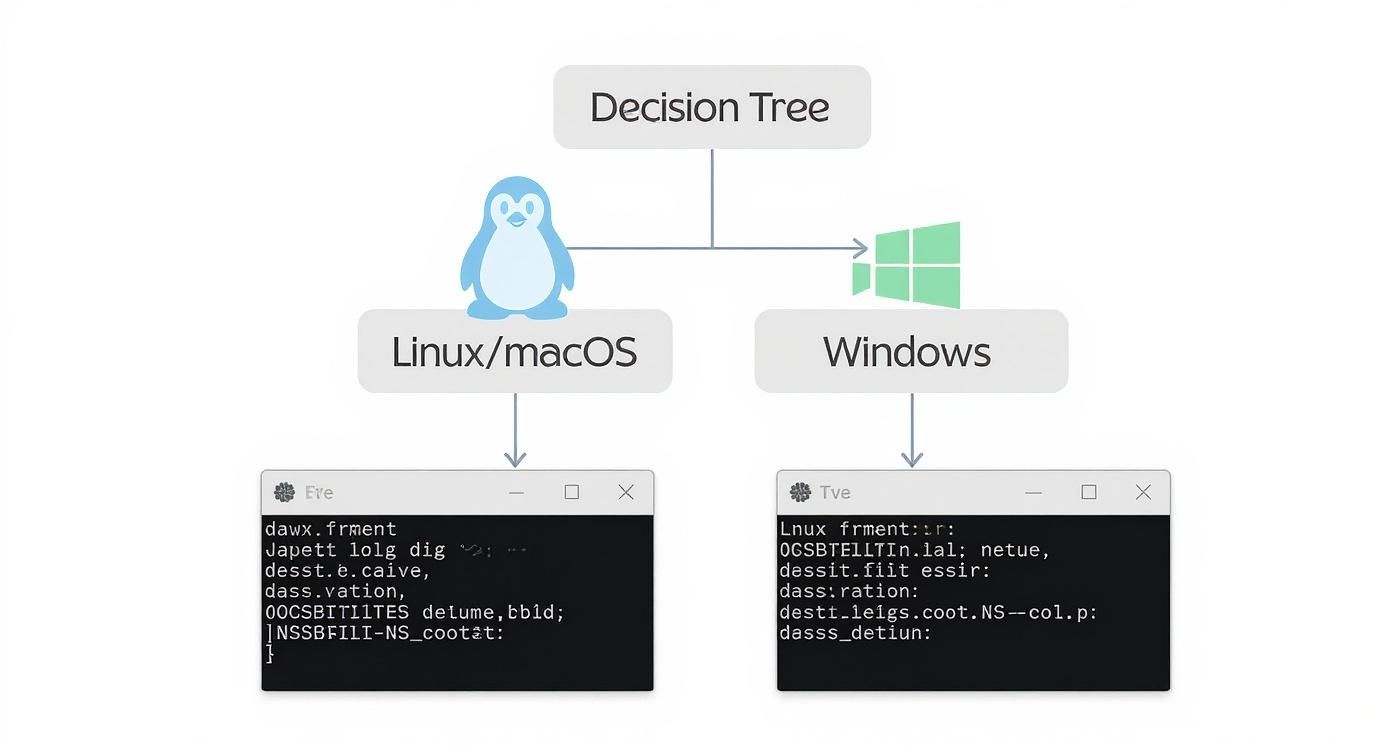 Árbold e decisión que muestra la ramificación entre Linux/macOS y Windows, con diferentes salidas de código.