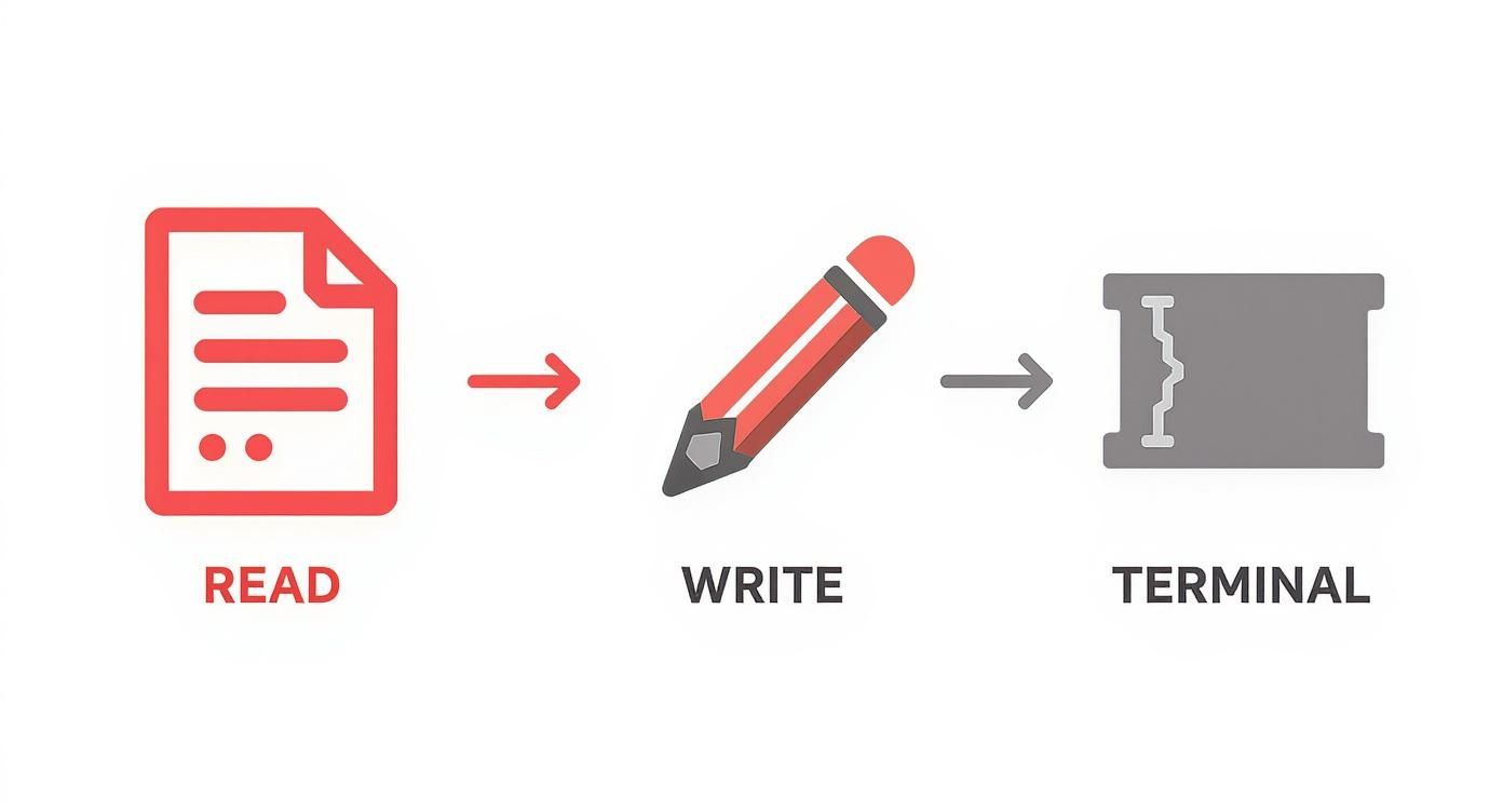 Diagrama de flujo mostrando proceso de lectura, escritura y ejecución en terminal para comandos de base de datos