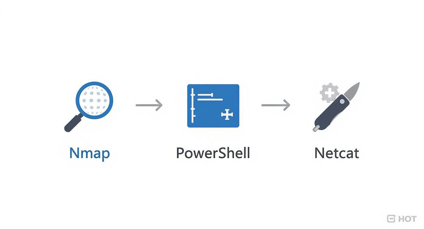 Un diagrama de flujo muestra Nmap, PowerShell y Netcat en secuencia con flechas, representando herramientas de ciberseguridad.