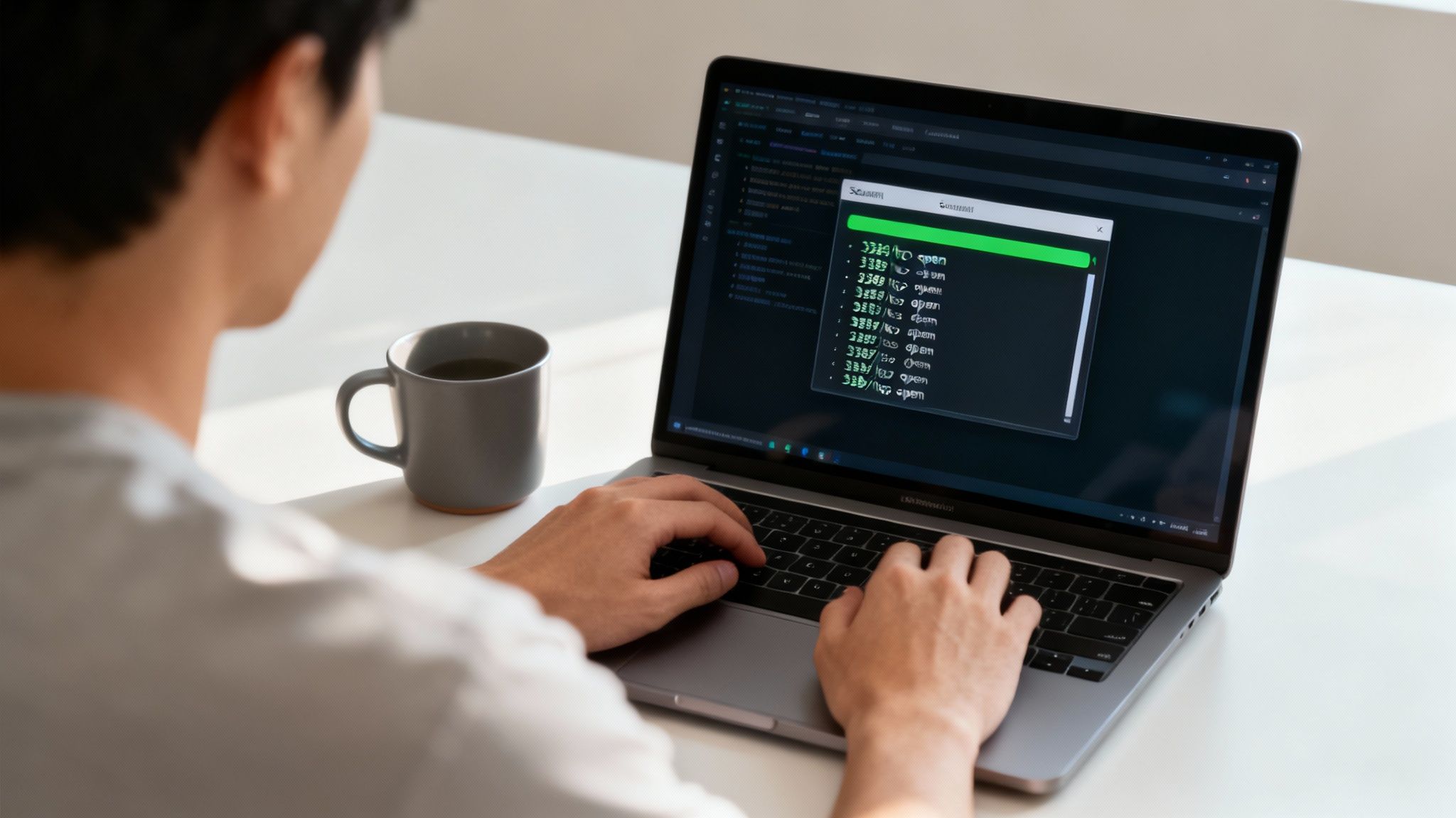 Persona programando en un portátil, con un editor de código y una taza de café al lado.