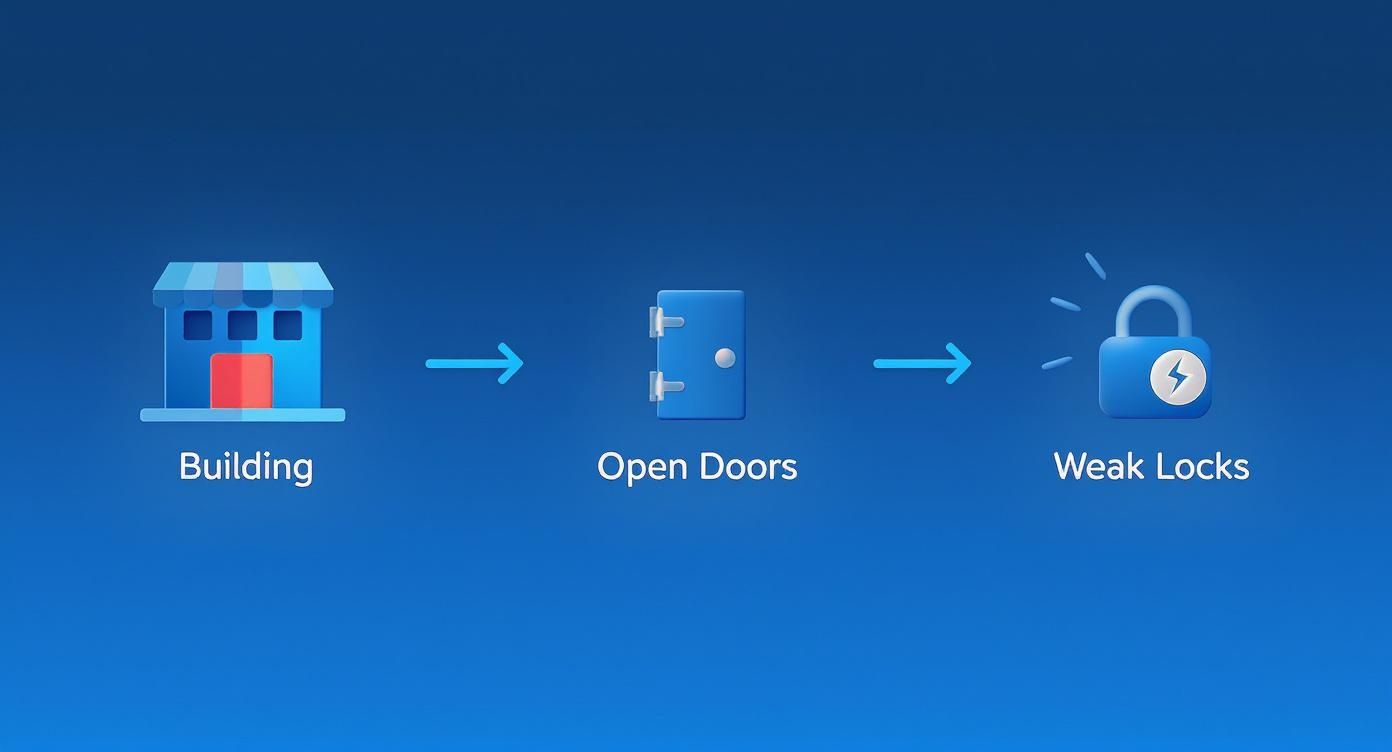 Ilustración de un edificio, puertas abiertas y un candado débil, simbolizando riesgos de seguridad.
