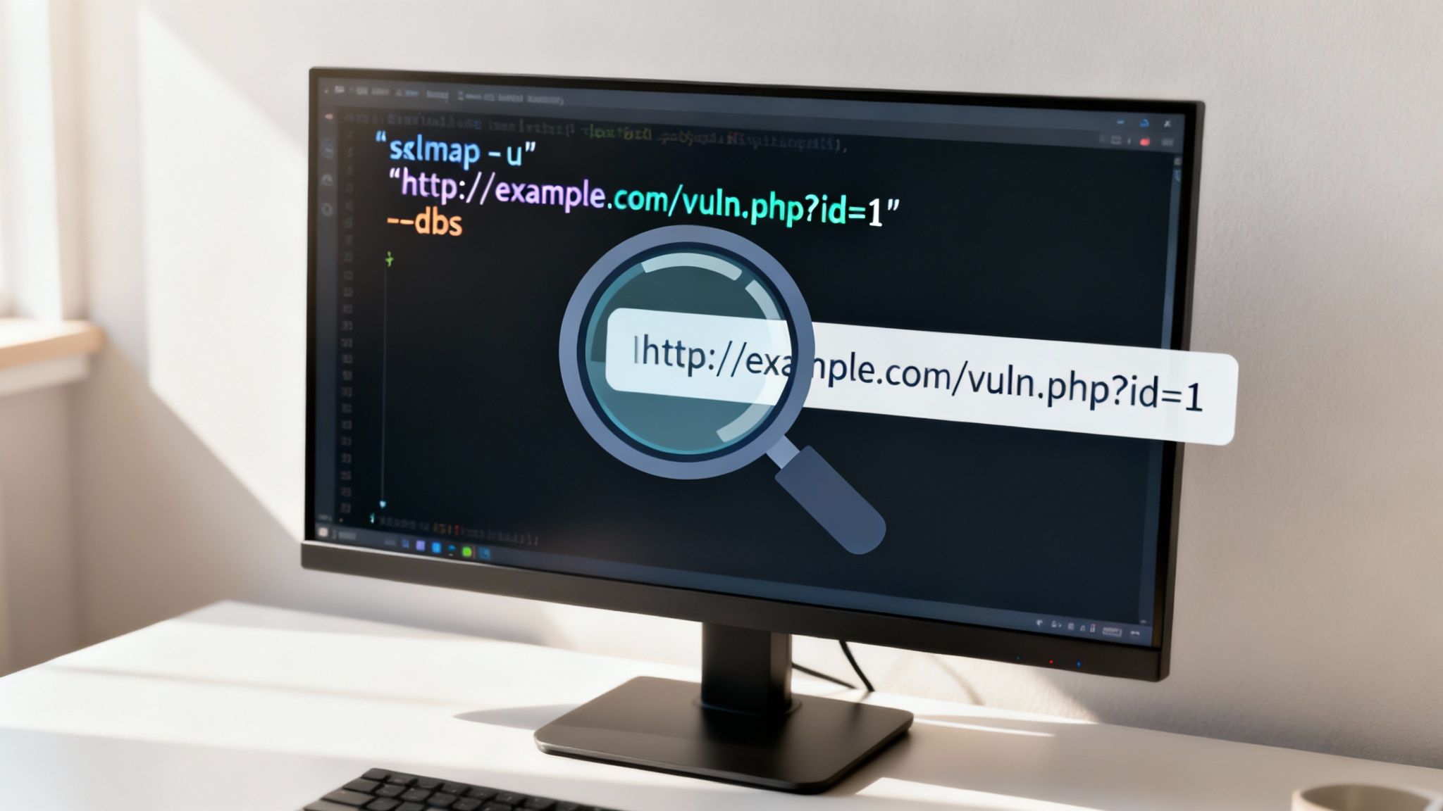 Monitor mostrando comando sqlmap con URL vulnerable y lupa amplificando la dirección web para análisis de seguridad