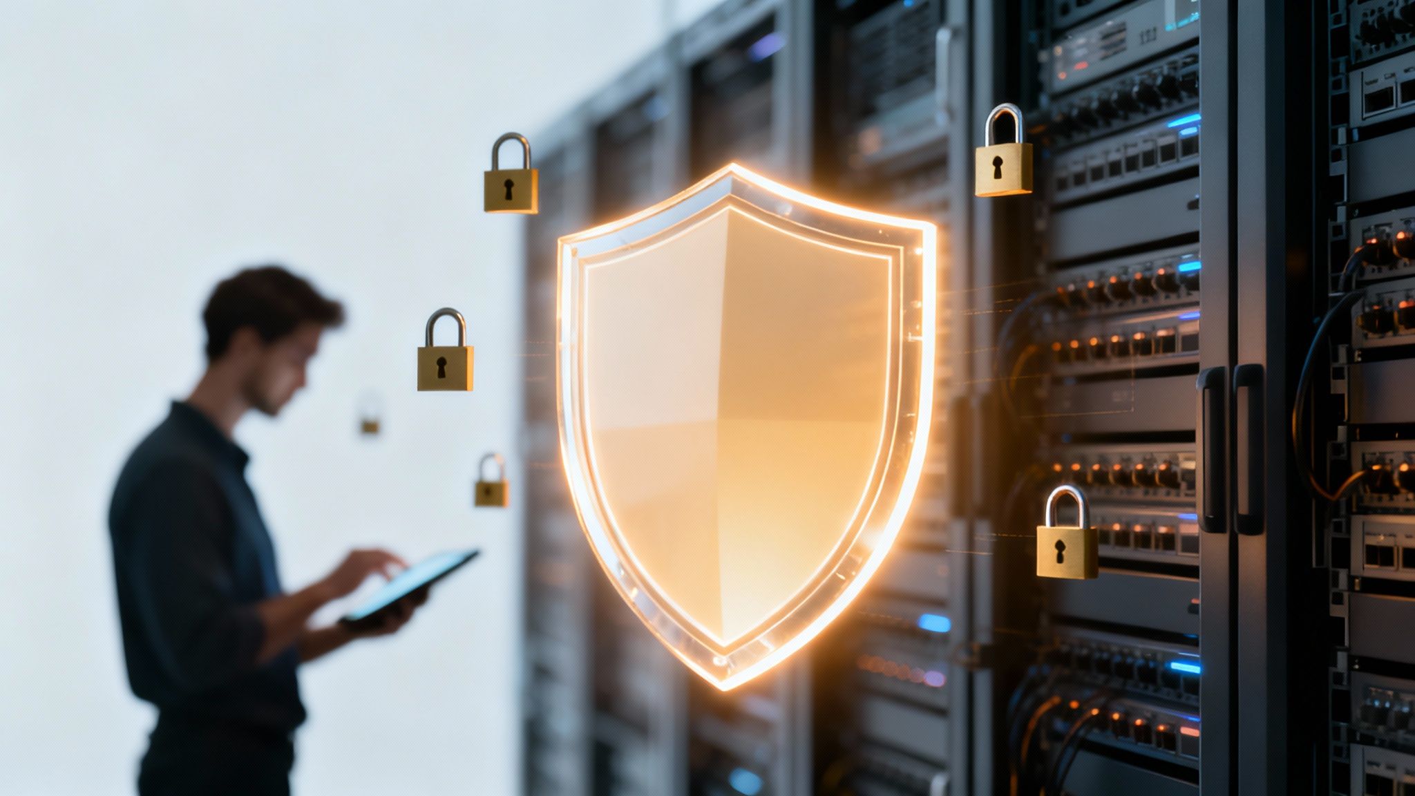Un escudo digital protegiendo una red de amenazas externas, simbolizando una defensa robusta.