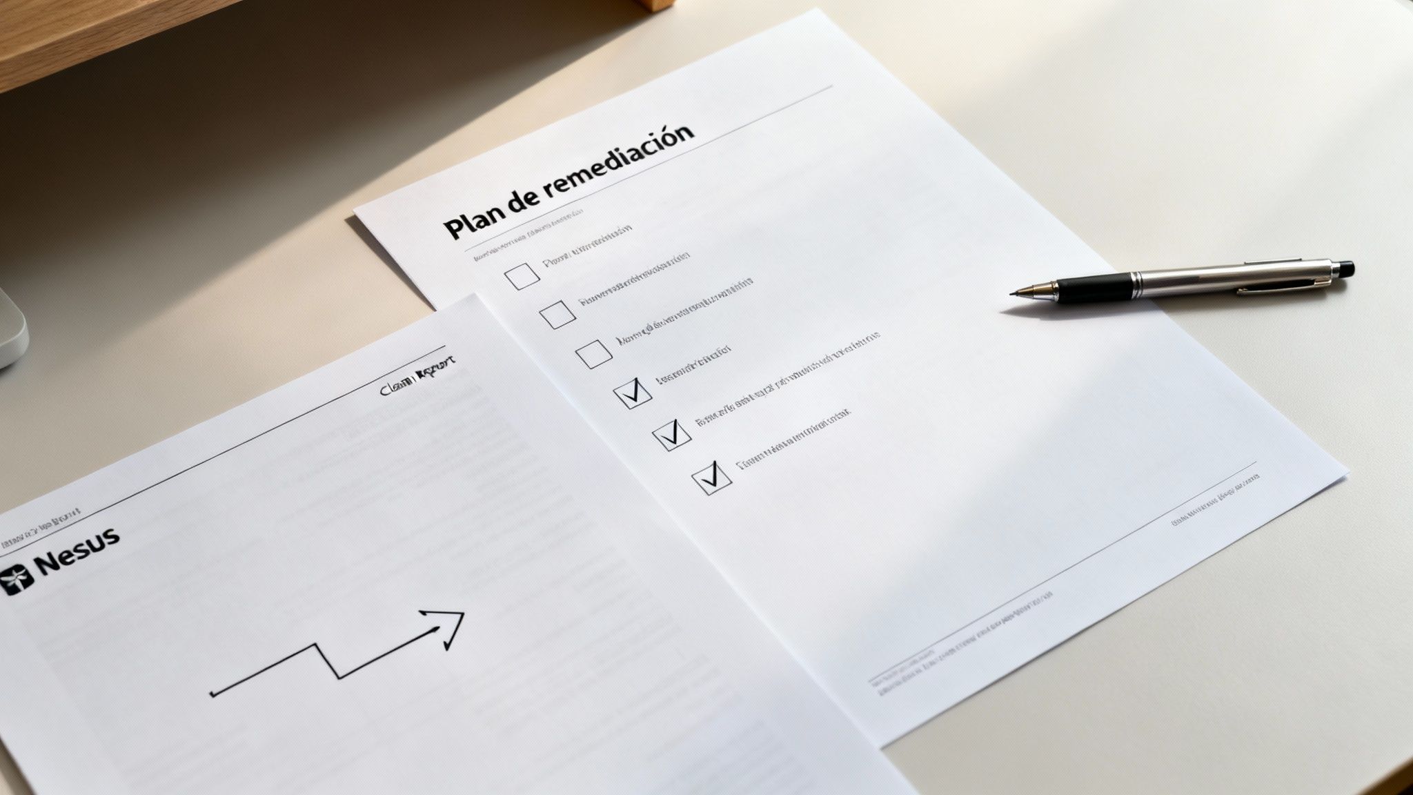 Documentos de trabajo: Plan de remediación y informe de Nesus con gráfico de crecimiento. Bolígrafo en escritorio.