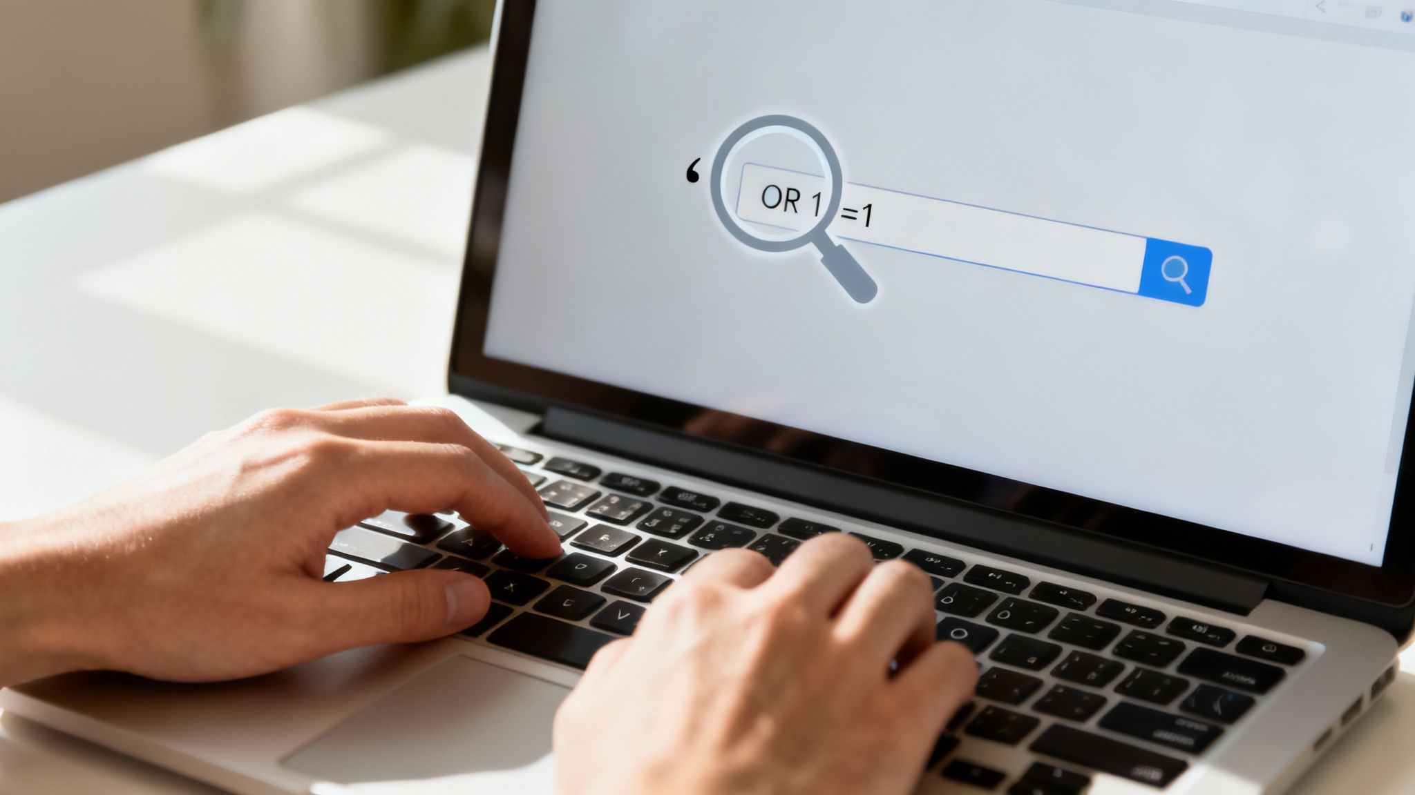 Persona examinando la interfaz de una aplicación web, señalando formularios y barras de búsqueda como puntos débiles.