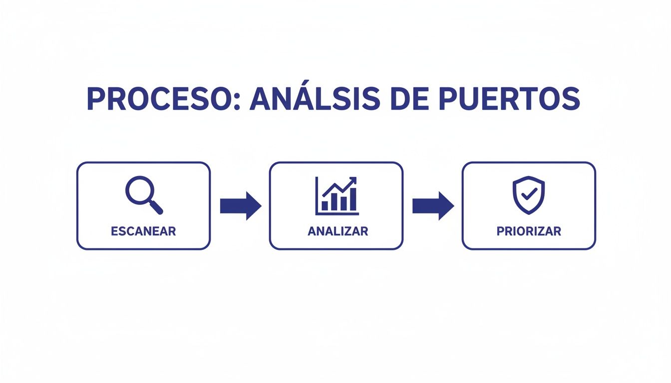 Diagrama de flujo del proceso de análisis de puertos: escanear, analizar y priorizar las vulnerabilidades.