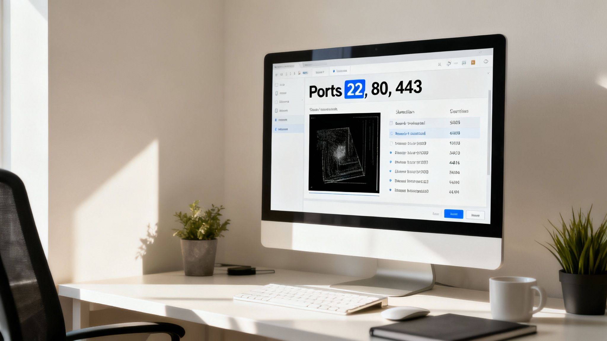 Monitor mostrando software de escaneo de puertos de red con resultados detallados y visualización gráfica