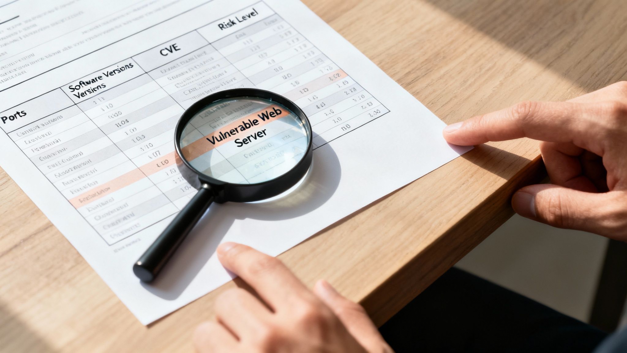 Un especialista en ciberseguridad examina un informe de vulnerabilidades con una lupa, destacando un servidor web vulnerable.