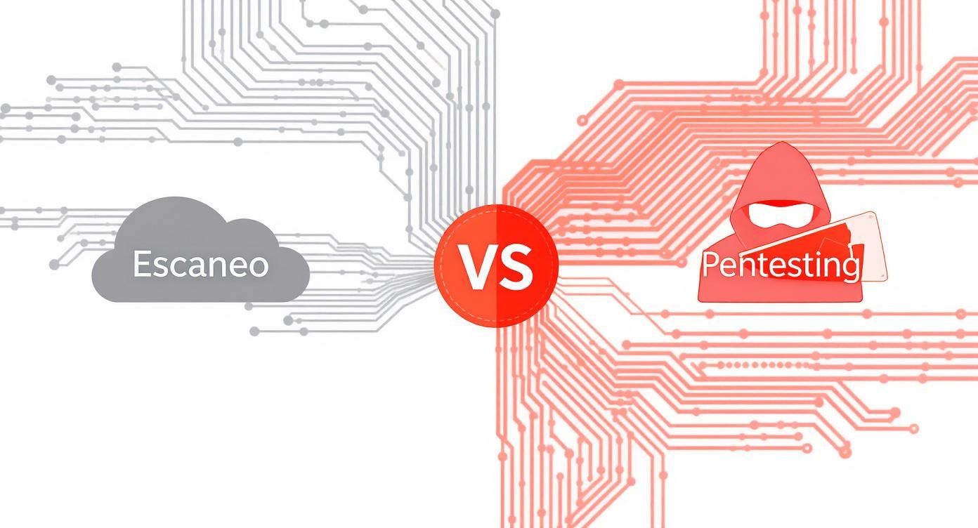 Infografía que compara el flujo de un escaneo de vulnerabilidades con un servicio de pentesting