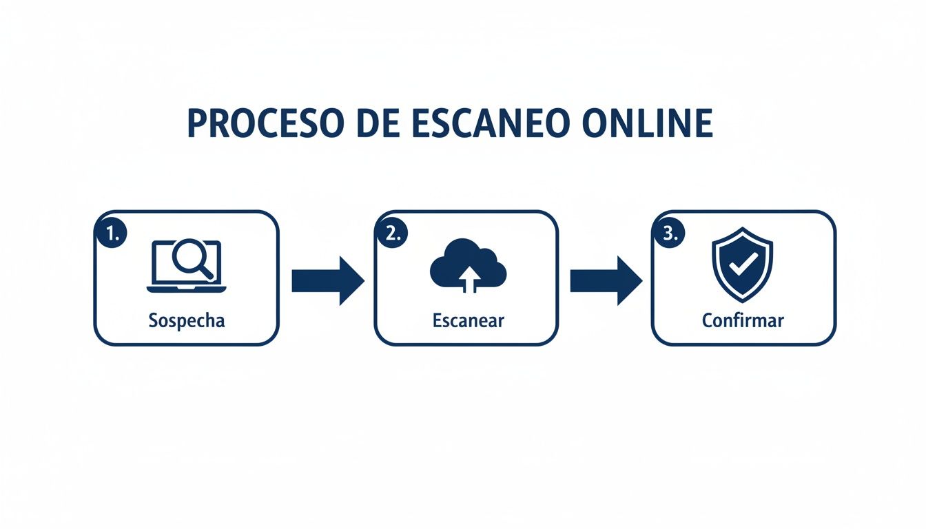 Diagrama de flujo del proceso de escaneo online: Sospecha, escanear y confirmar la seguridad.