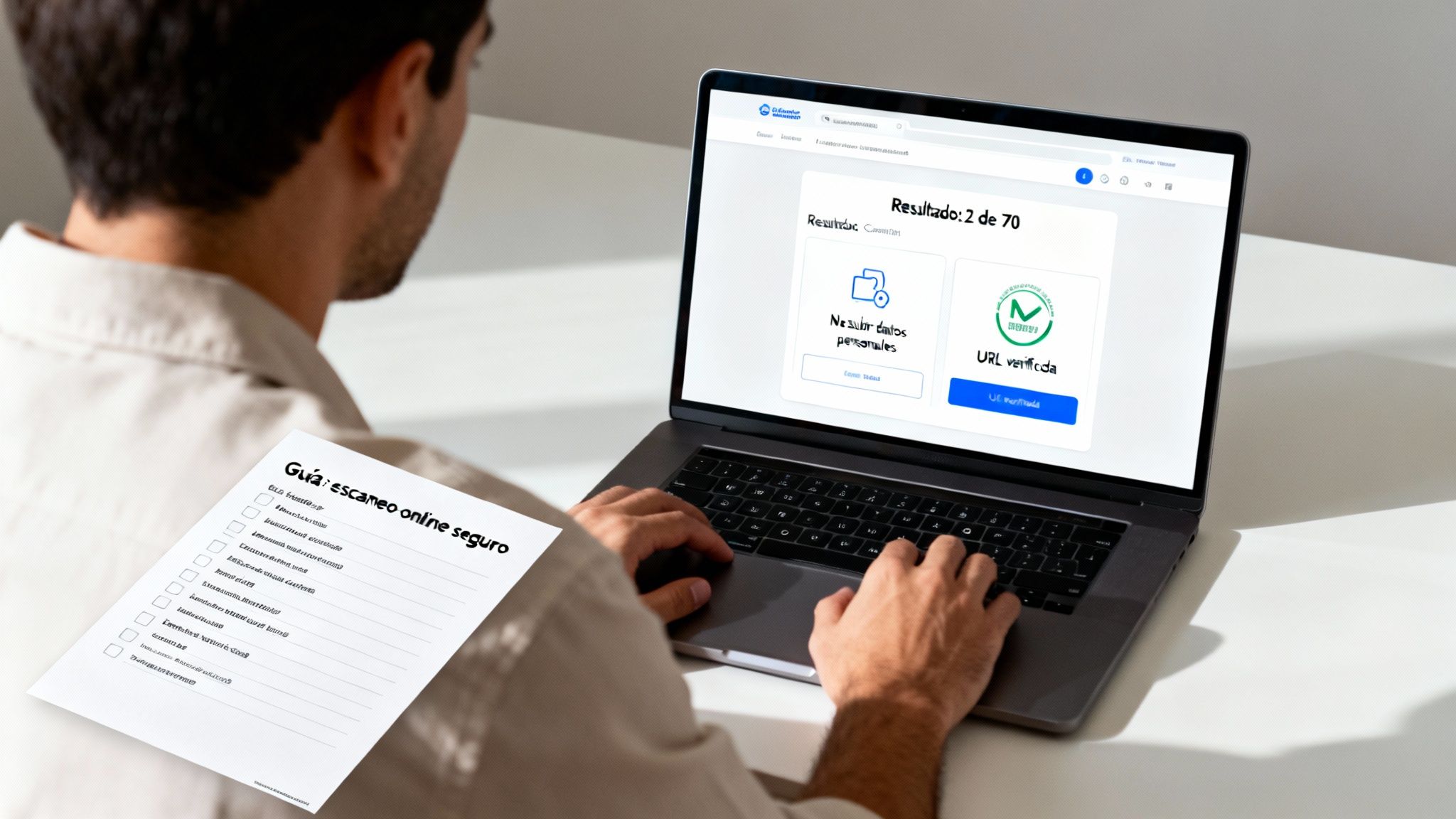 Hombre usando laptop para revisar seguridad online, con guía de escaneo seguro en papel.