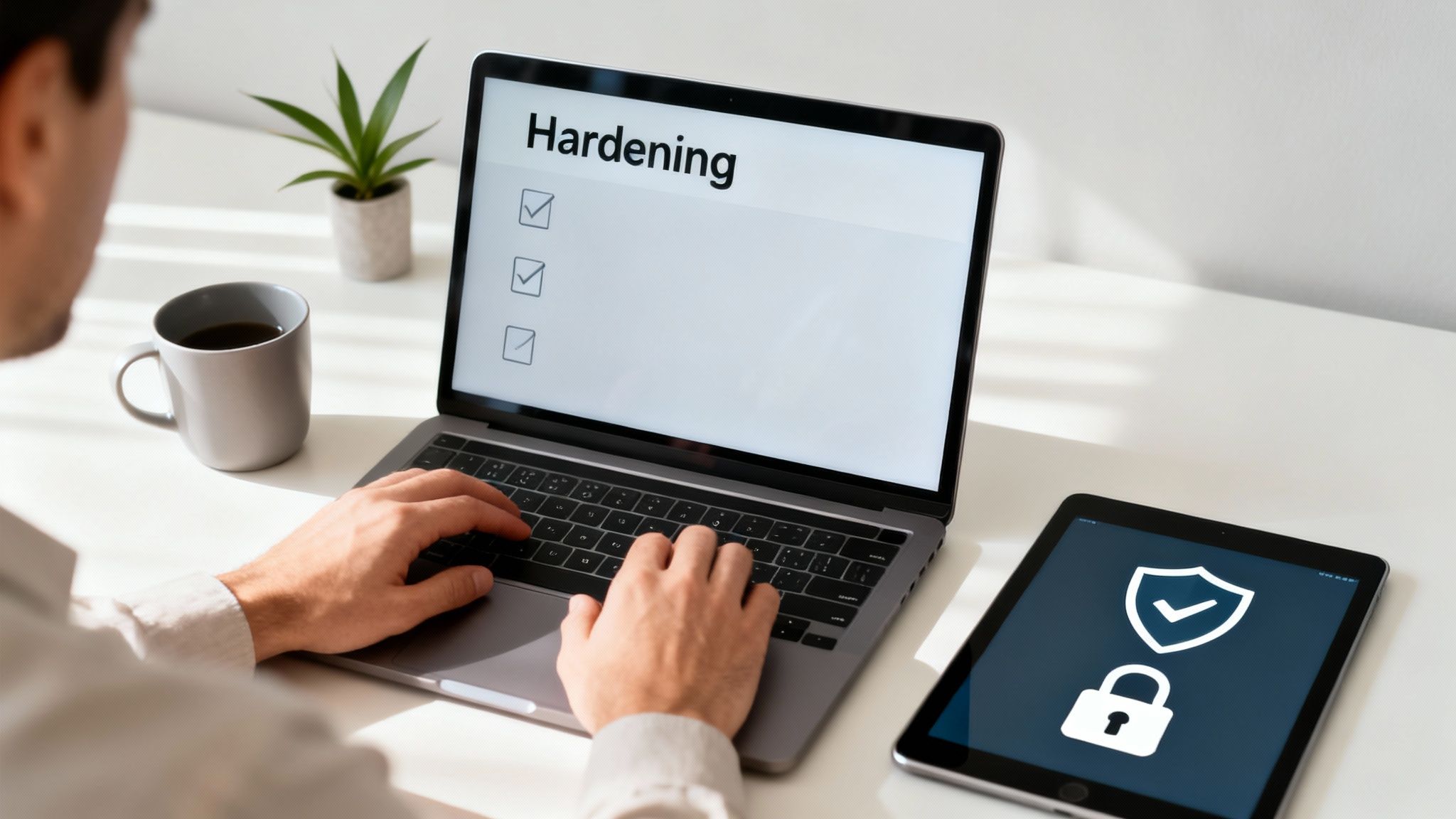 Persona trabajando en laptop con lista de "Hardening" y tablet mostrando iconos de ciberseguridad.