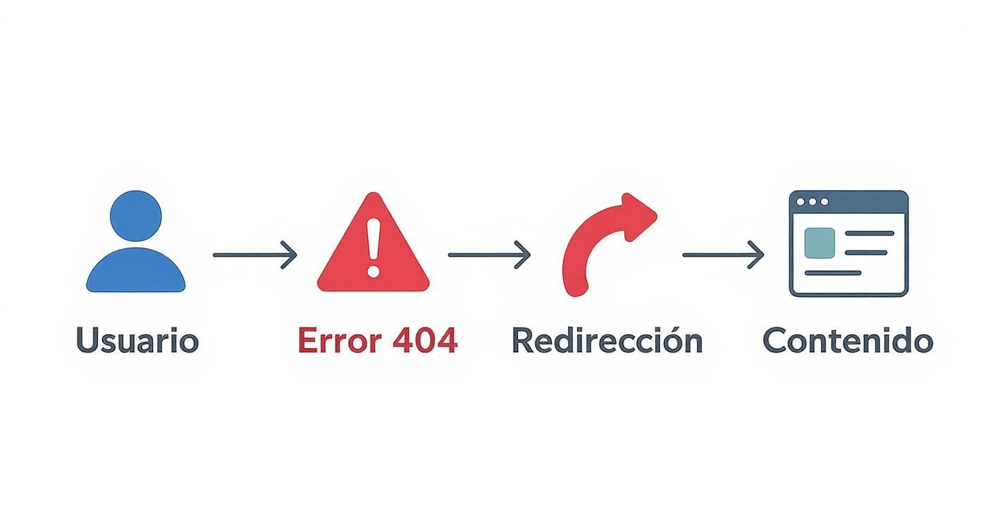 Infográfico que muestra el flujo de un usuario que encuentra un error, es redirigido y finalmente llega al contenido correcto.