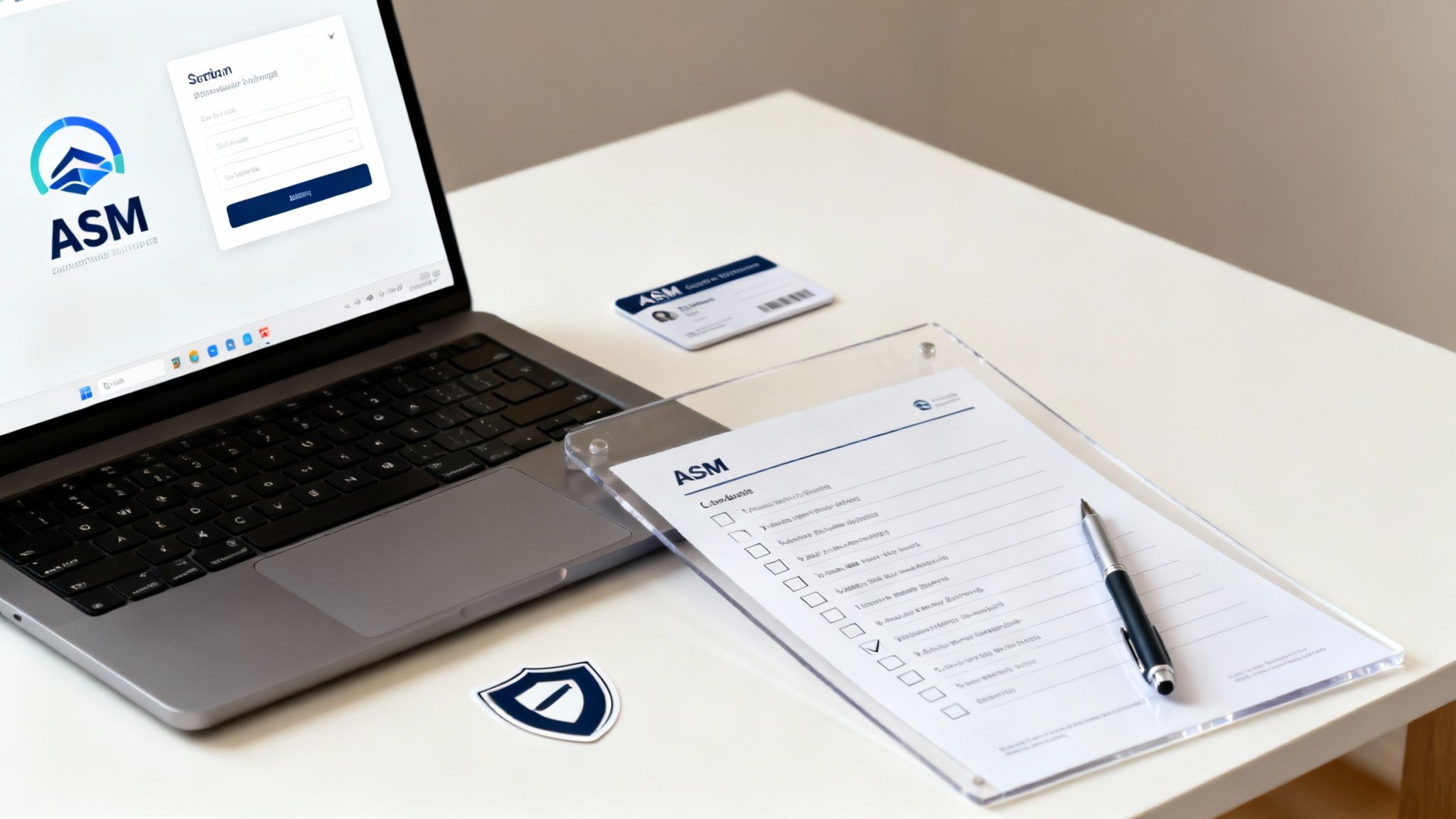Escritorio con laptop mostrando inicio de sesión ASM, lista de verificación, tarjeta de identificación y logotipo de seguridad