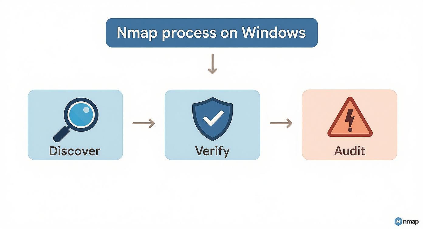 Infográfico que muestra el proceso de Nmap en Windows con tres pasos: Descubrir, Verificar y Auditar.