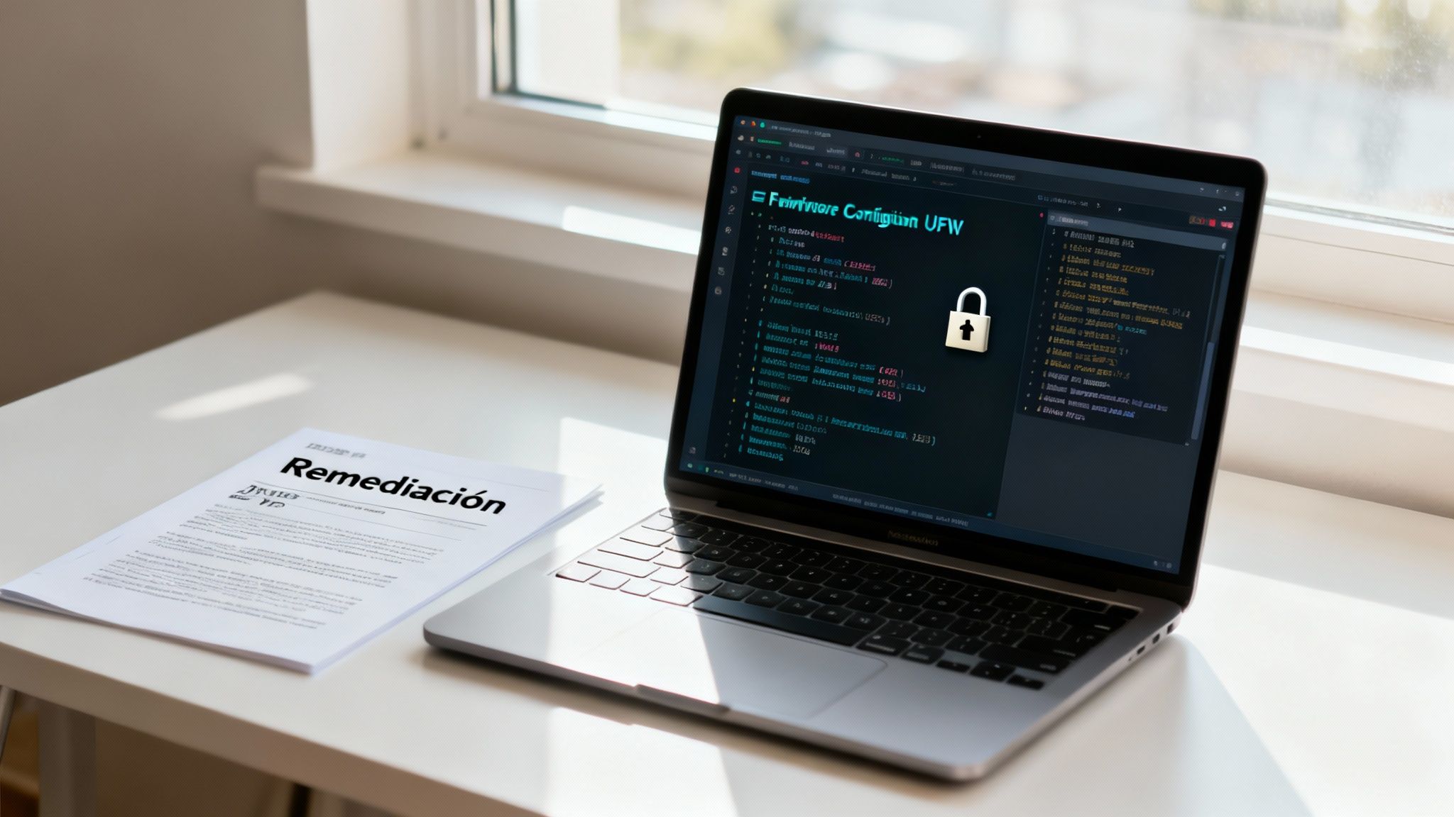 Laptop mostrando configuración de firewall UFW con ícono de candado y documentos de remediación sobre escritorio