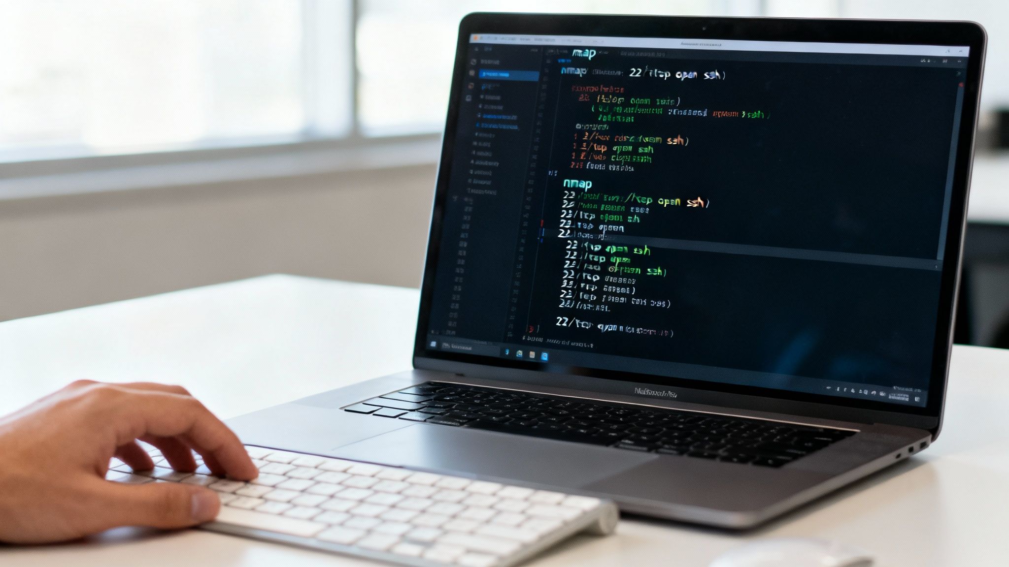 Una persona escaneando puertos en una computadora portátil MacBook Pro con un teclado externo blanco.