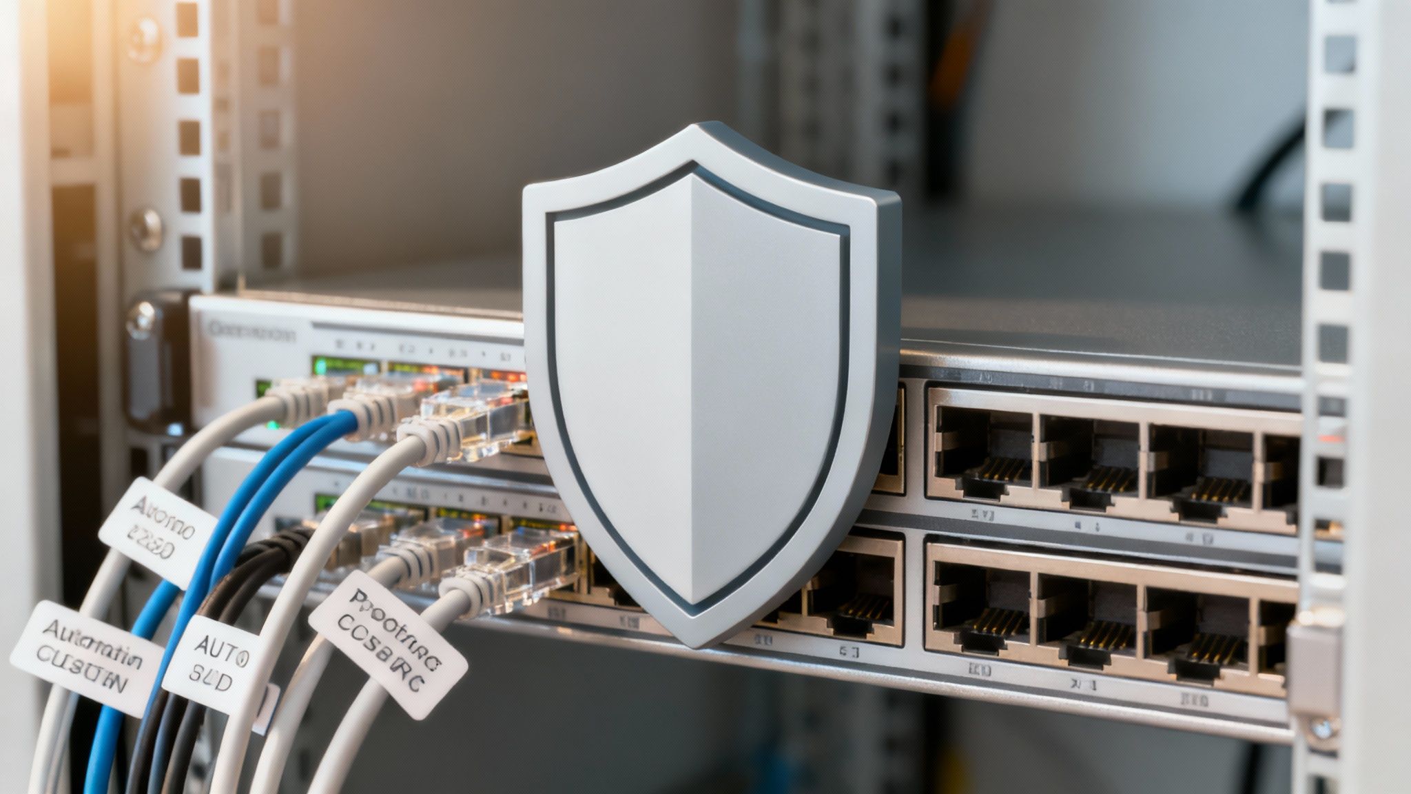 Una imagen conceptual de un escudo protegiendo una red digital