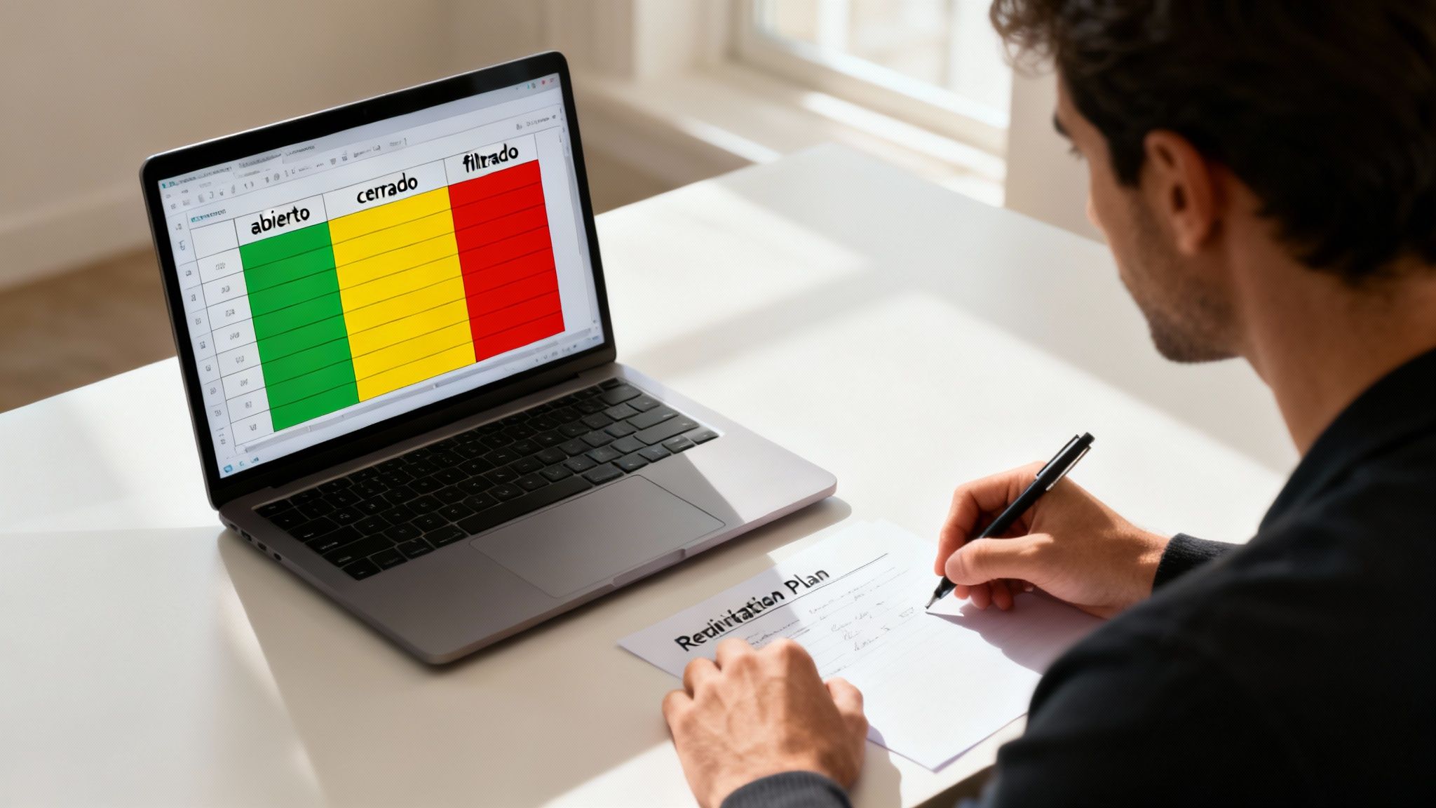 Persona analizando plan de revisión con laptop mostrando tabla de estados abierto, cerrado y filtrado