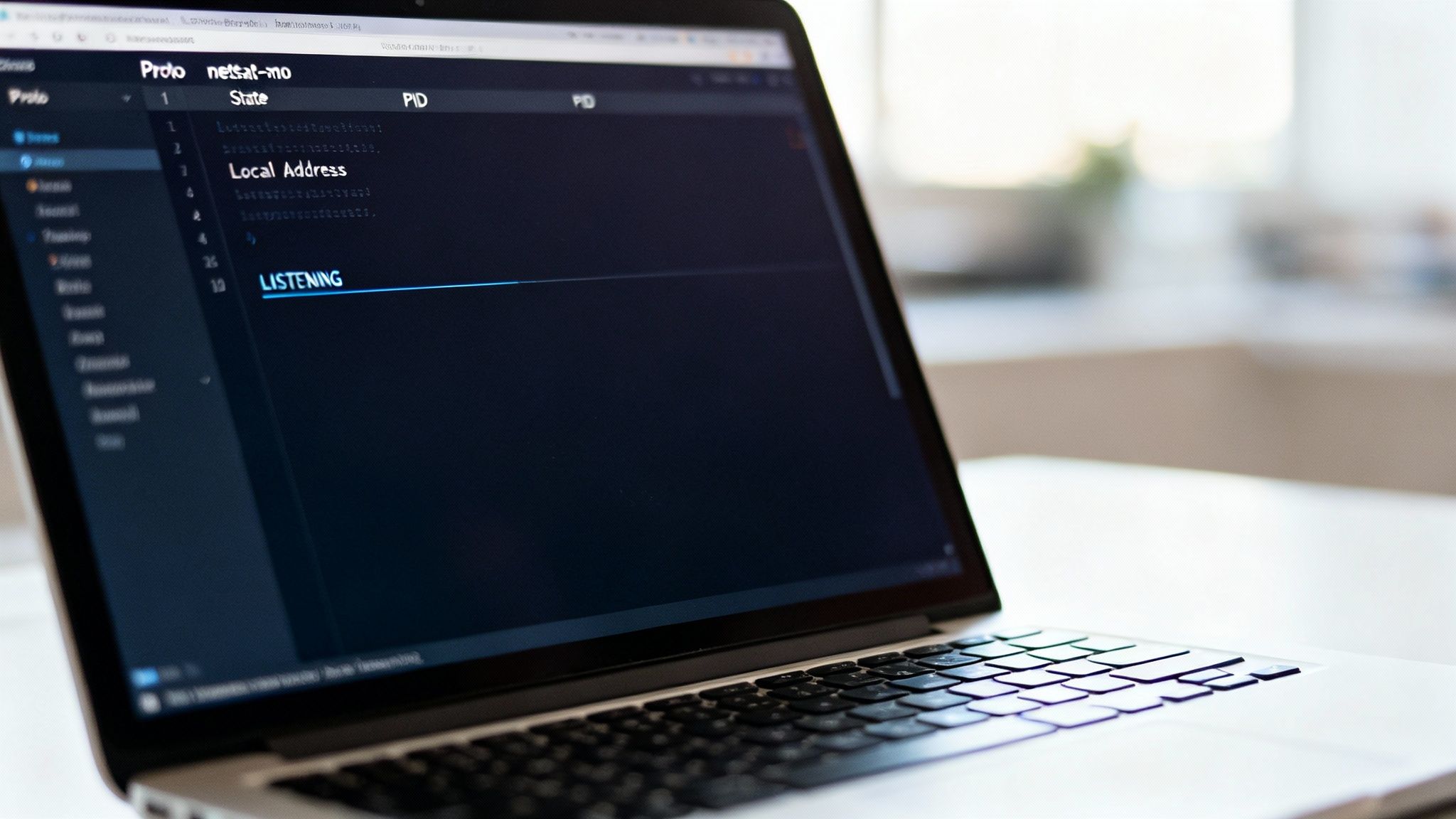 Una captura de pantalla que muestra la salida del comando netstat -ano en una terminal de Windows, destacando las columnas Proto, Dirección local, Estado y PID.