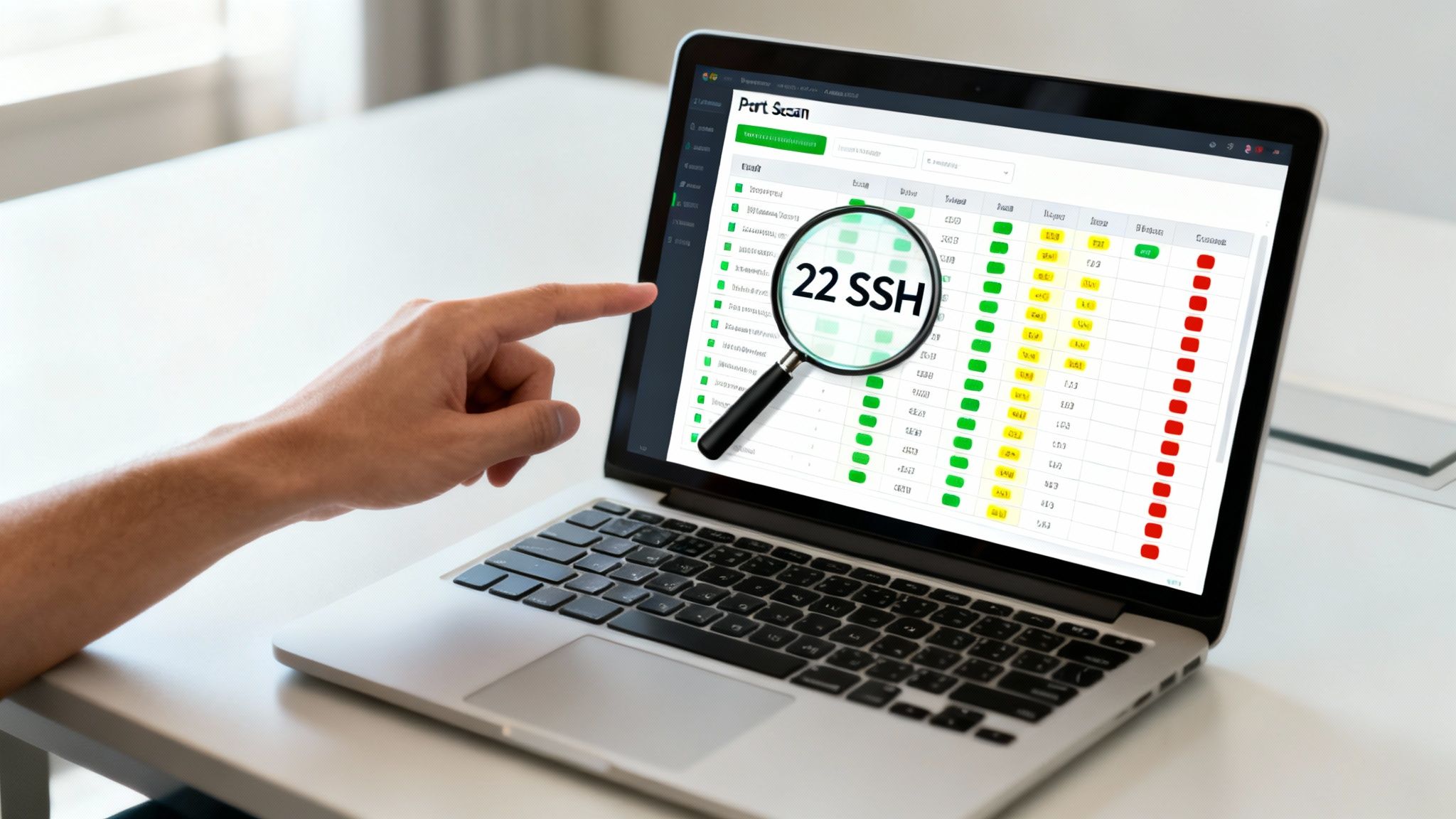 Una persona señala la pantalla de una laptop mostrando resultados de escaneo de puertos con '22 SSH' resaltado.