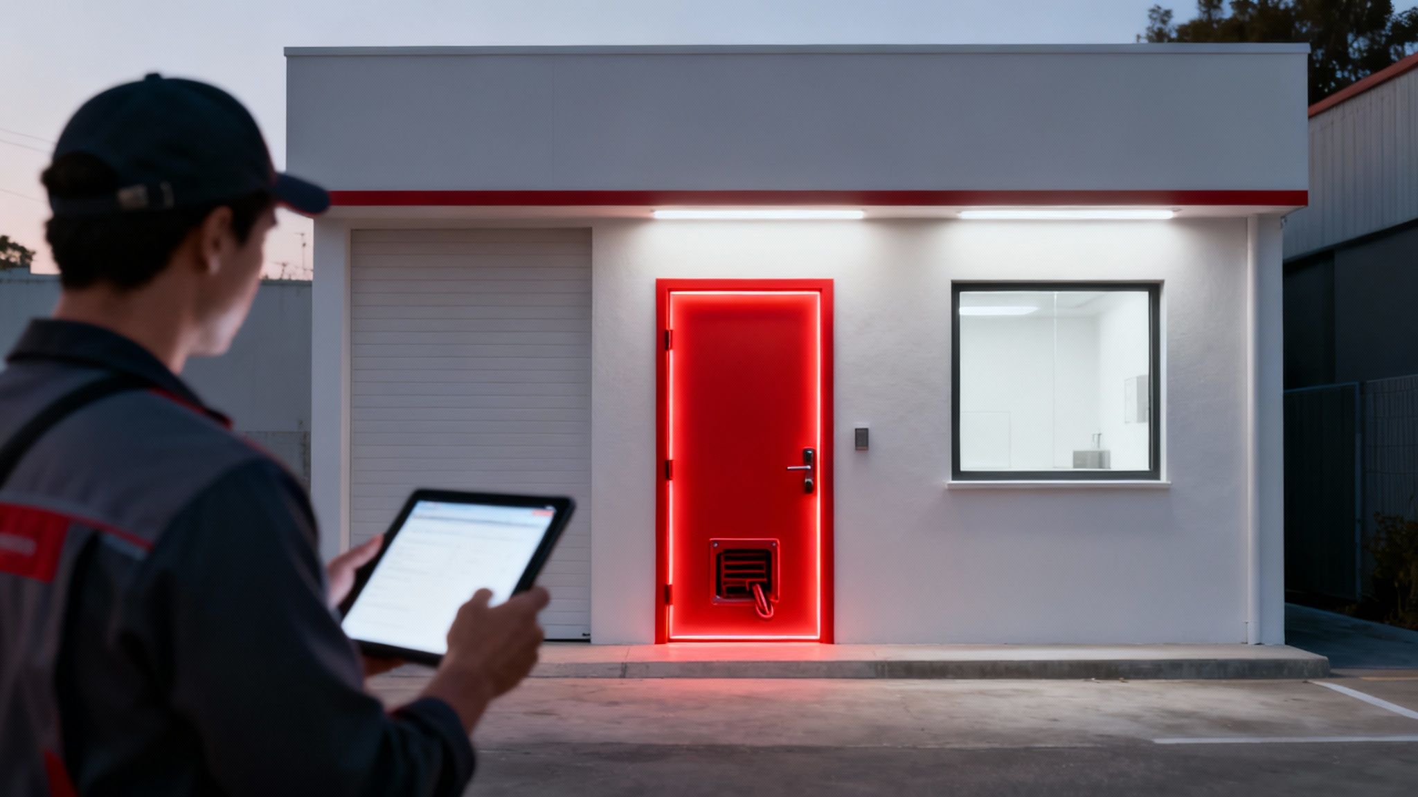 Técnico con tablet frente a un edificio moderno con puerta roja brillante, controlando la conexión.