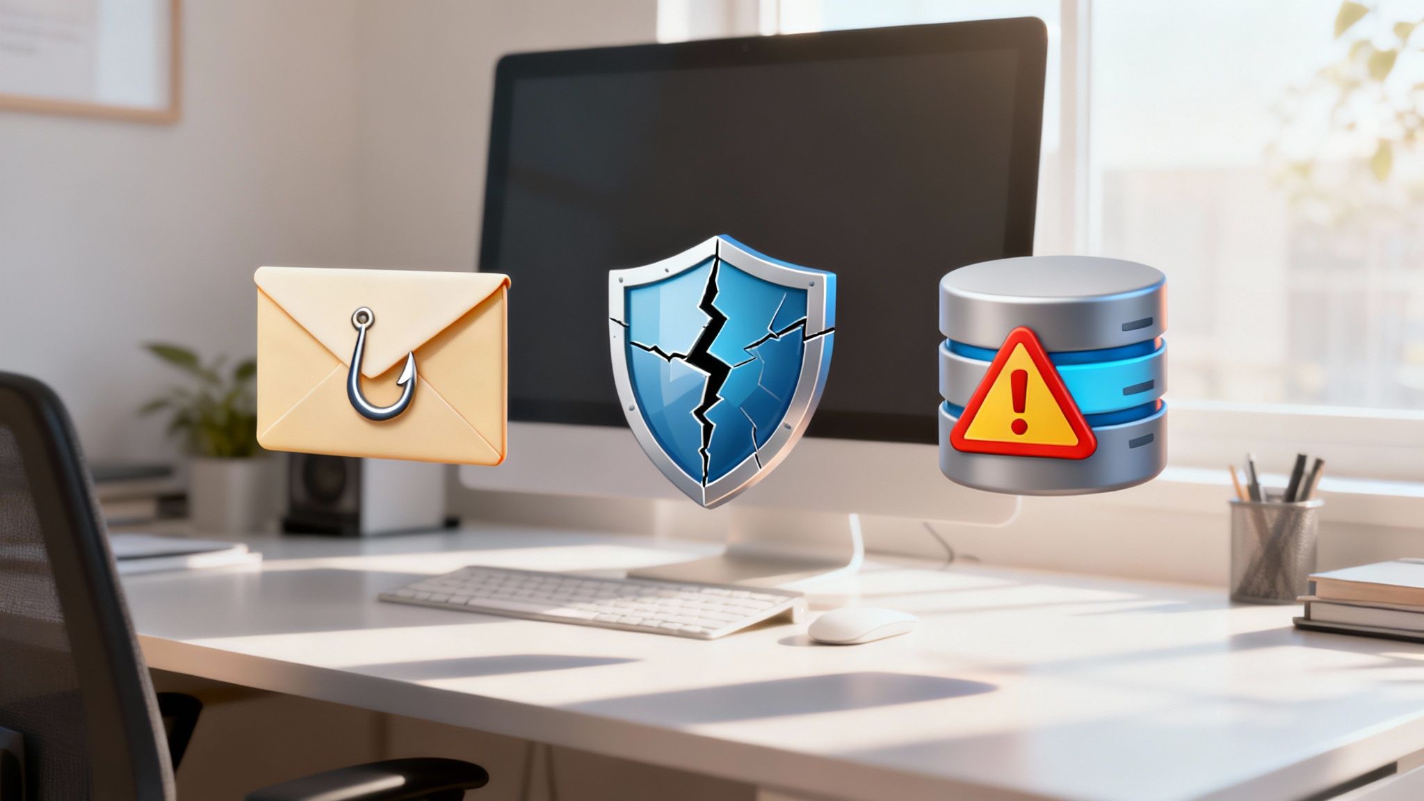 Una representación visual de varios tipos de ciberamenazas, como phishing y ransomware, en un entorno digital.