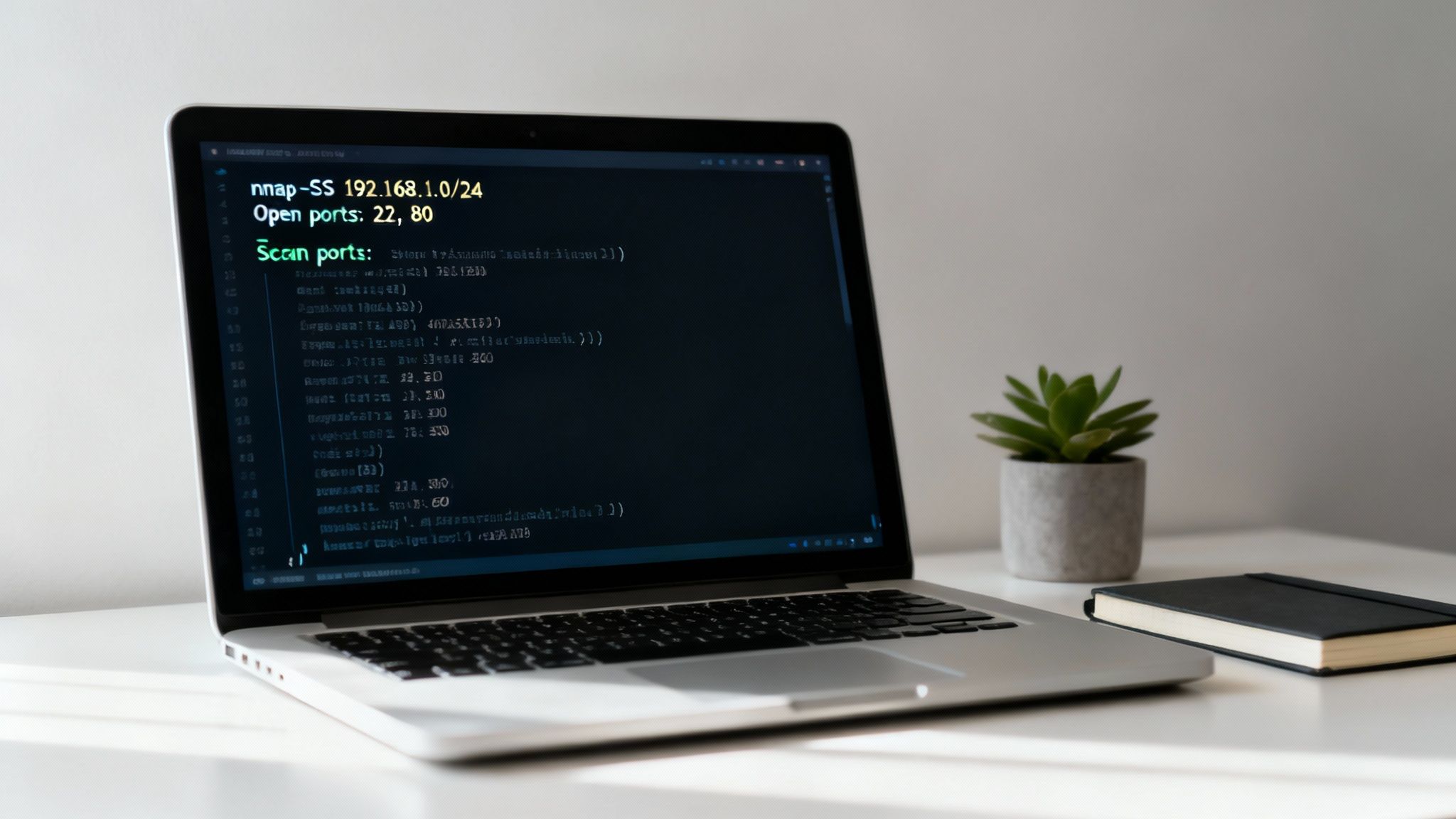 Person using a laptop with code on the screen, representing a port scan