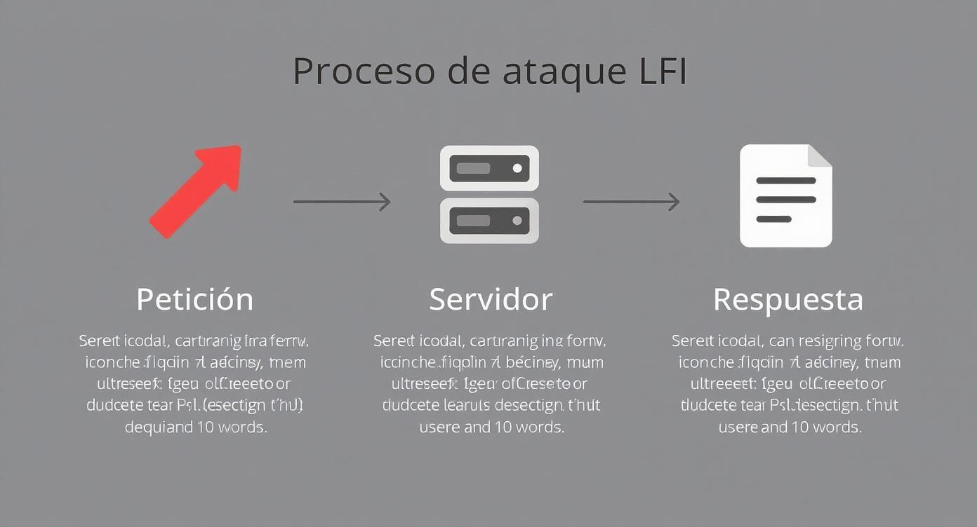 Diagrama que ilustra el proceso de un ataque LFI: Petición, Servidor y Respuesta.