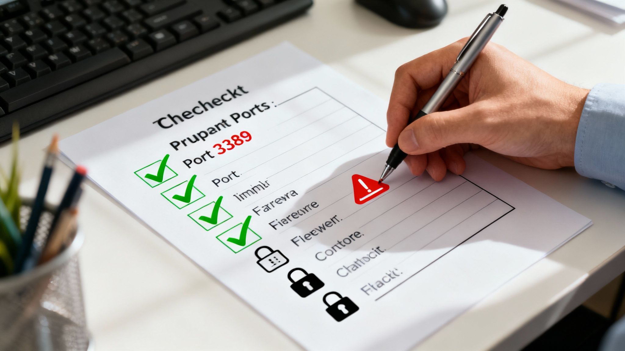 Mano escribiendo en un checklist de puertos con checks verdes, alerta roja y candados.