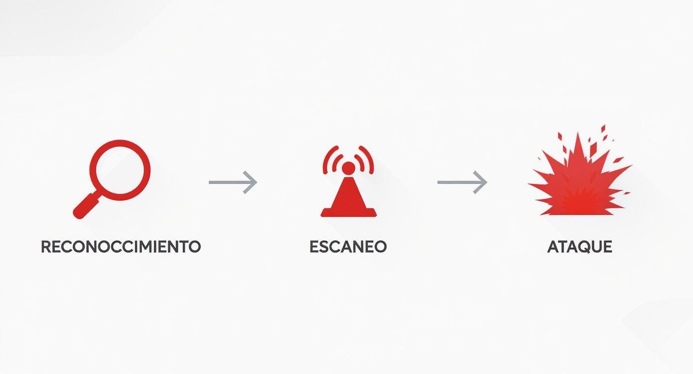 Diagrama de tres fases de ciberataque: reconocimiento, escaneo de red y ataque final