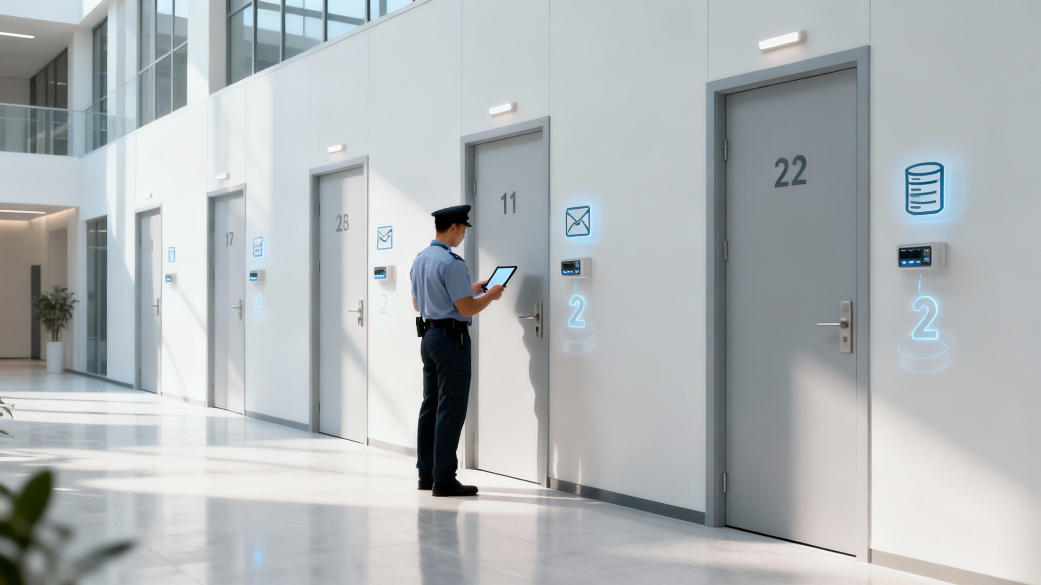 Ilustración de una red digital con puertos abiertos y cerrados, simbolizando la seguridad.