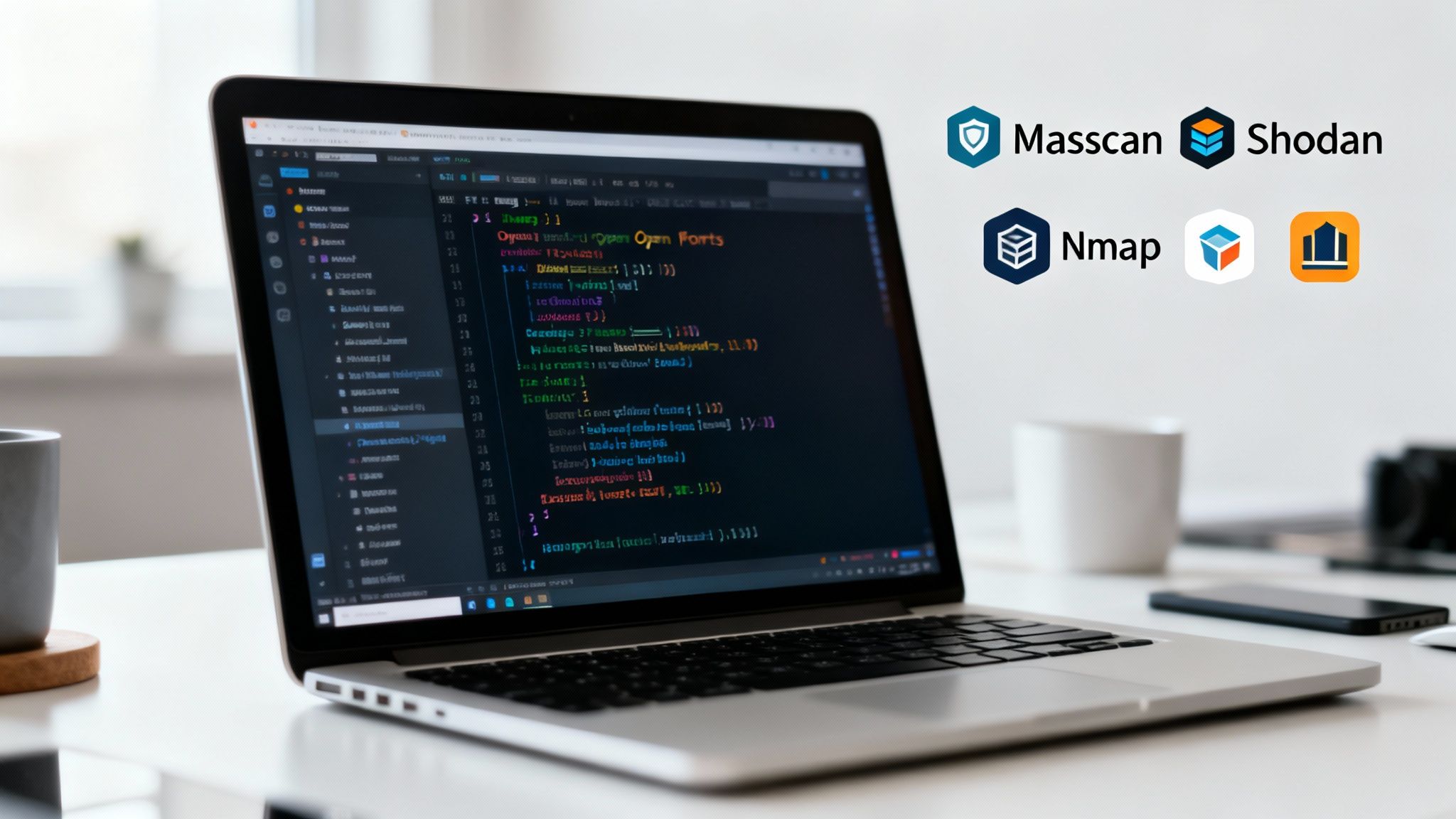 Un portátil muestra código con logos de Masscan, Shodan y Nmap, herramientas de ciberseguridad para escanear puertos.