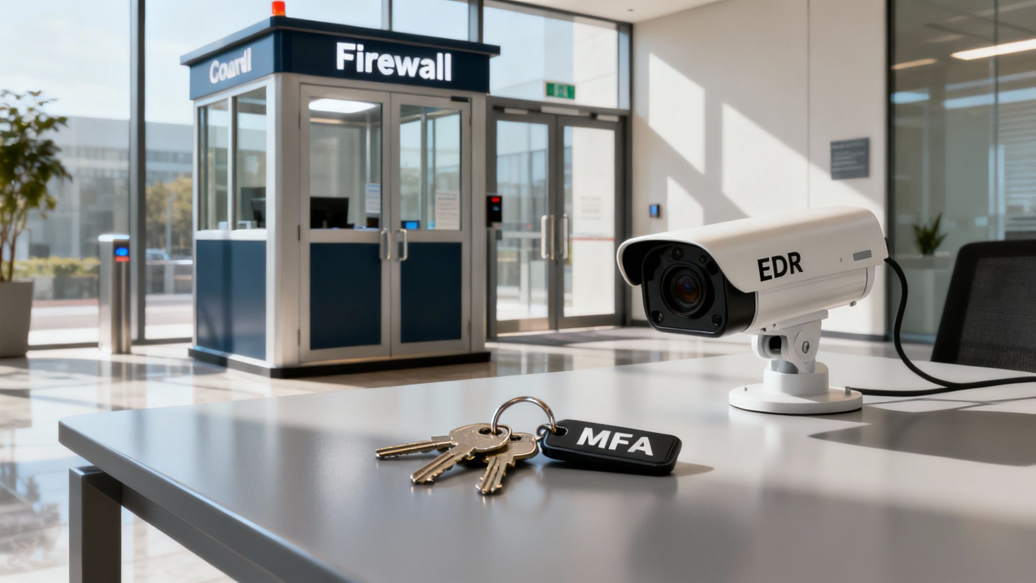 Una visualización de varios controles de seguridad como firewalls y cifrado protegiendo una red empresarial.
