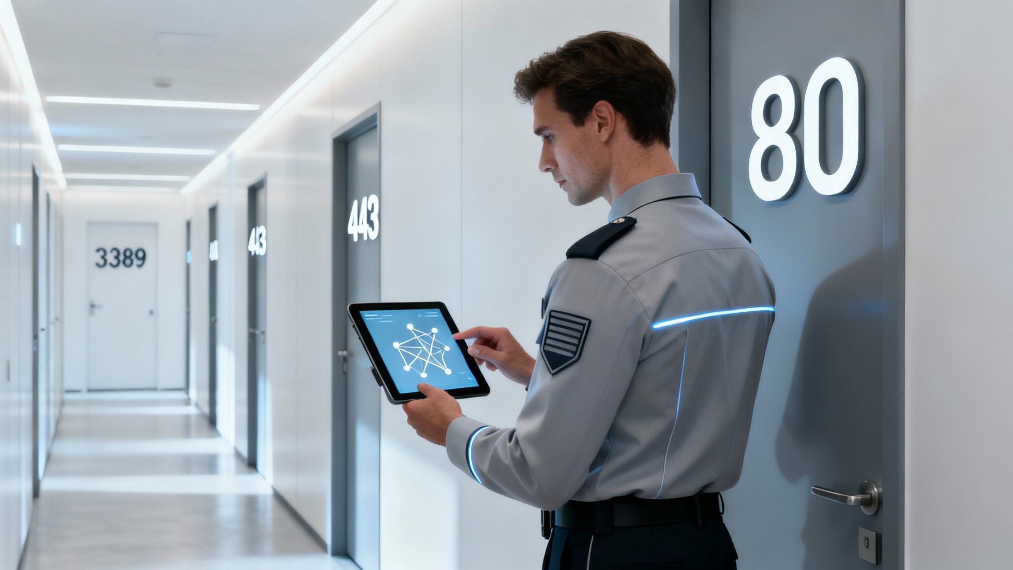 Guardia de seguridad con tablet monitoreando sistema de control de acceso en pasillo corporativo moderno