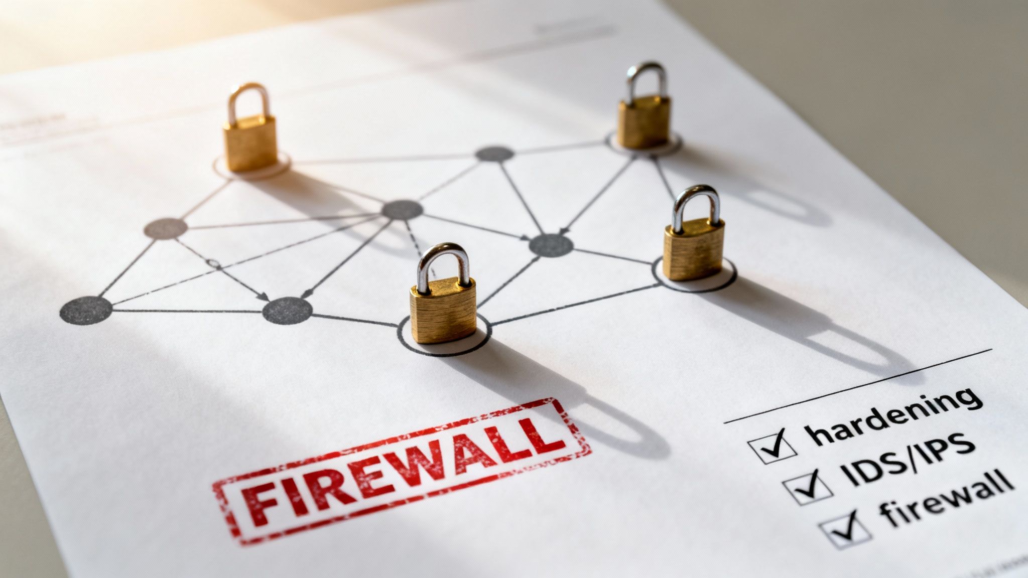 Concepto de seguridad de red con candados en un diagrama, un sello 'FIREWALL' y una lista de verificación de seguridad.
