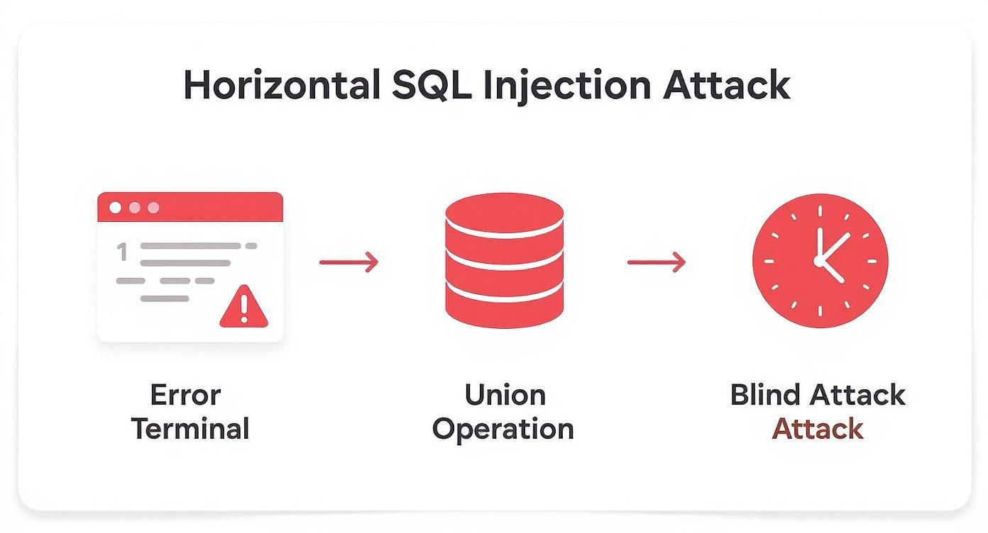 Infográfico que ilustra el proceso de detección de una inyección SQL, mostrando los pasos de inyección basada en error, unión y a ciegas.