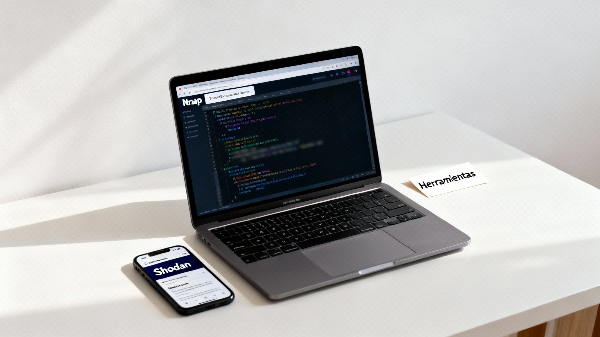 Laptop mostrando Nmap y un teléfono con Shodan, herramientas para escanear redes y puertos.
